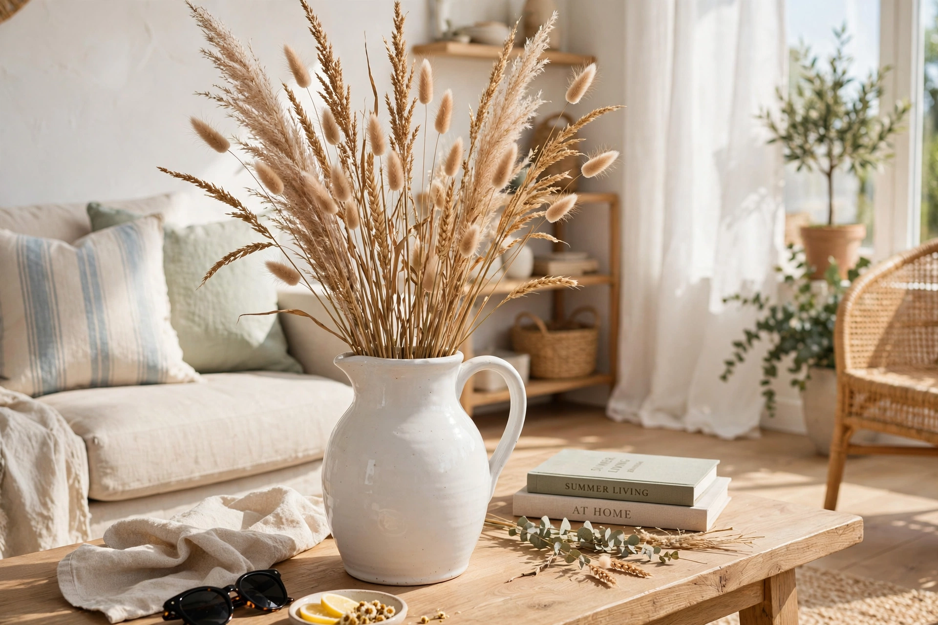 White ceramic pitcher holding tall dried grasses on a coffee table in a bright living room.