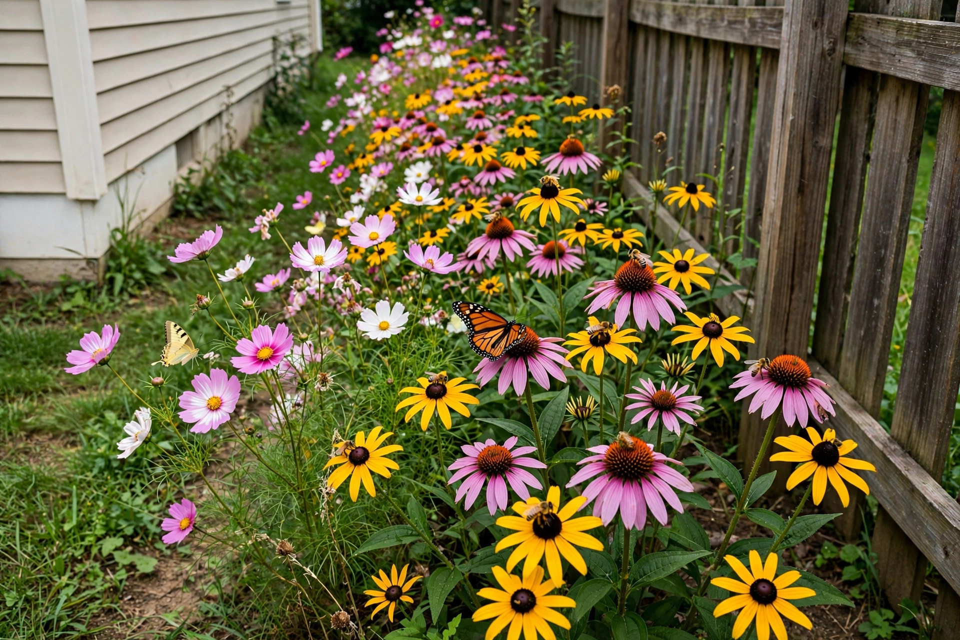 Colorful wildflower strip with cosmos, coneflowers and black-eyed susans blooming in a side yard, bees and butterflies.