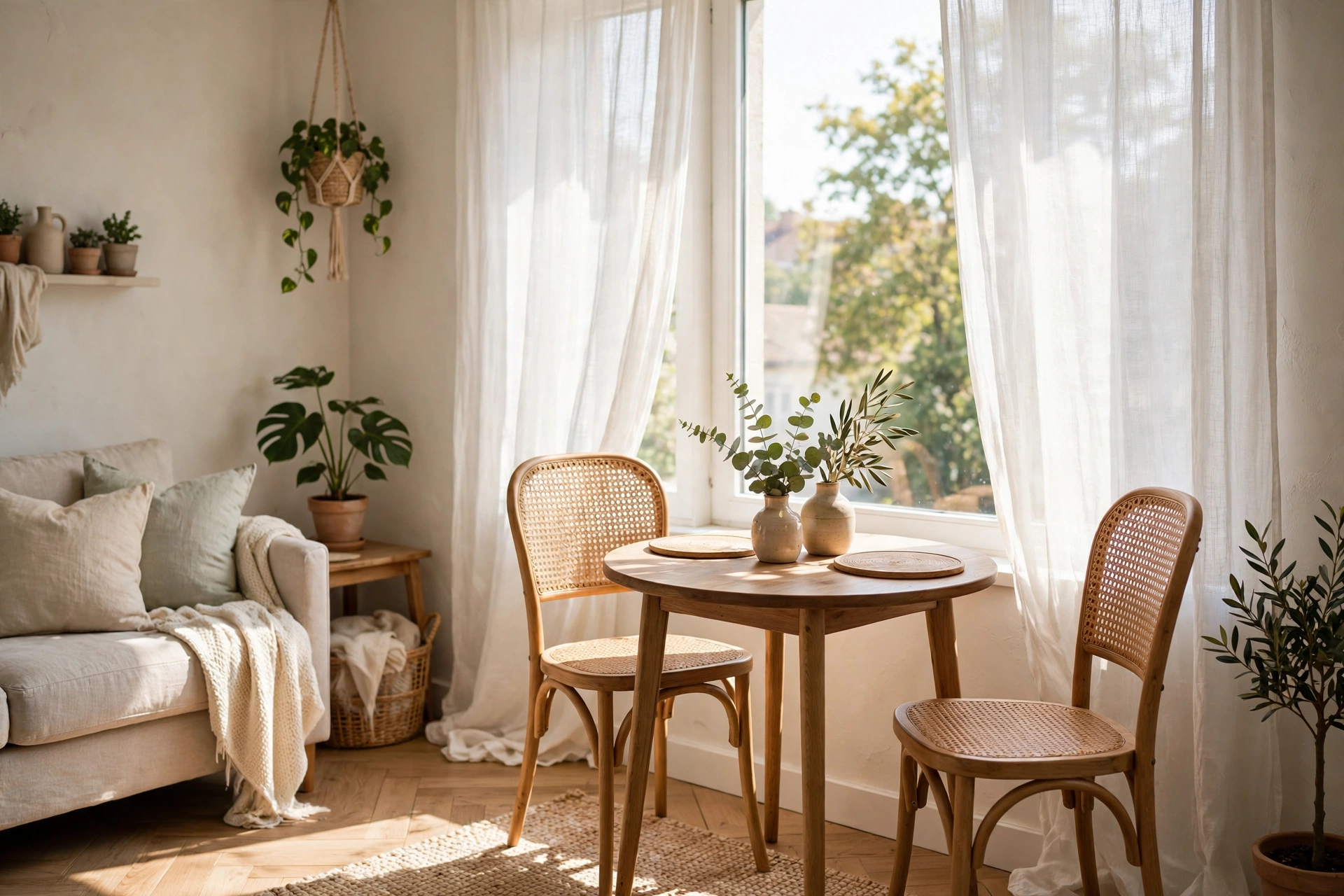 Small round dining table placed beside a bright window in a combo room.