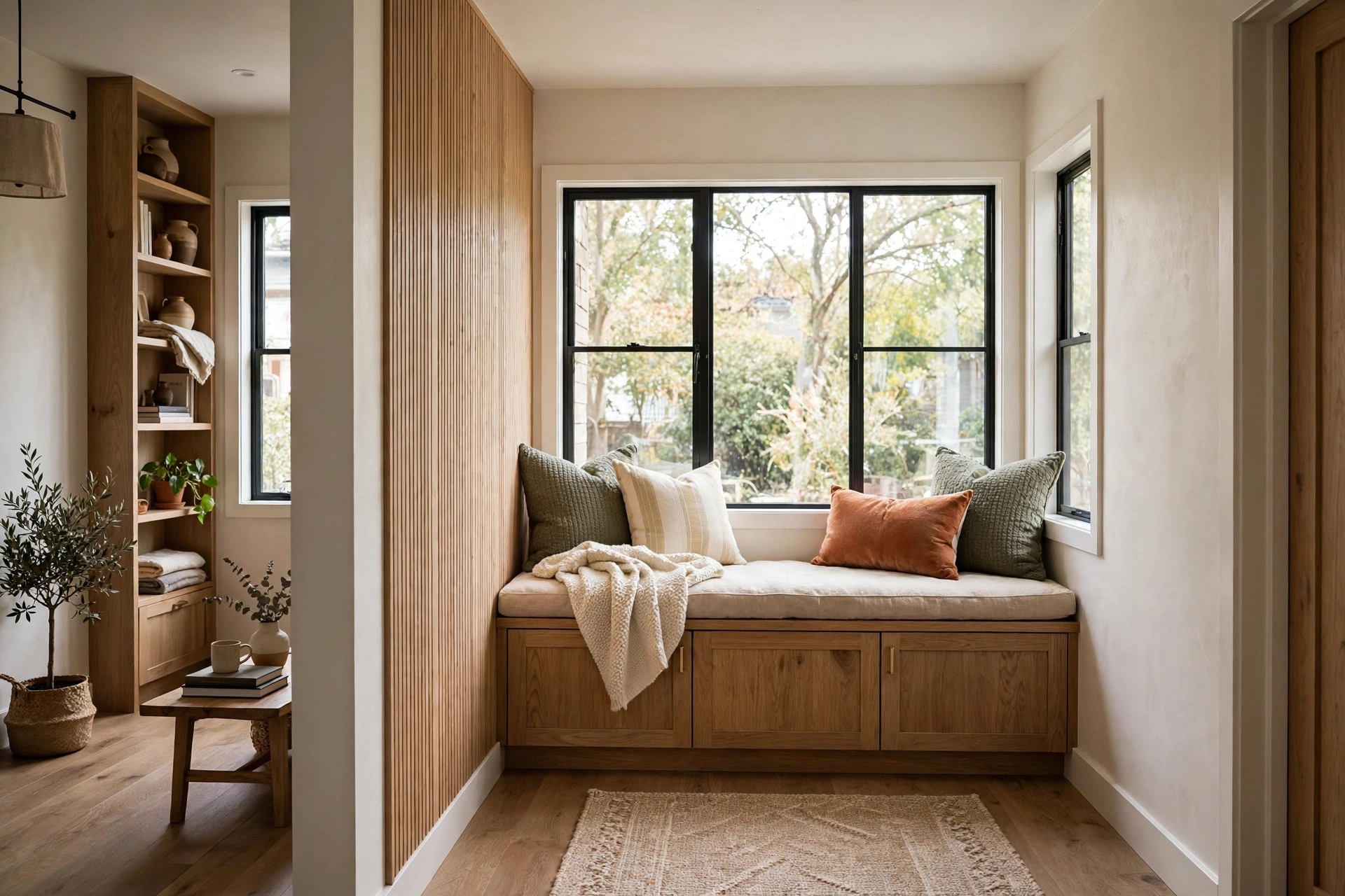 Window storage bench — narrow living room idea