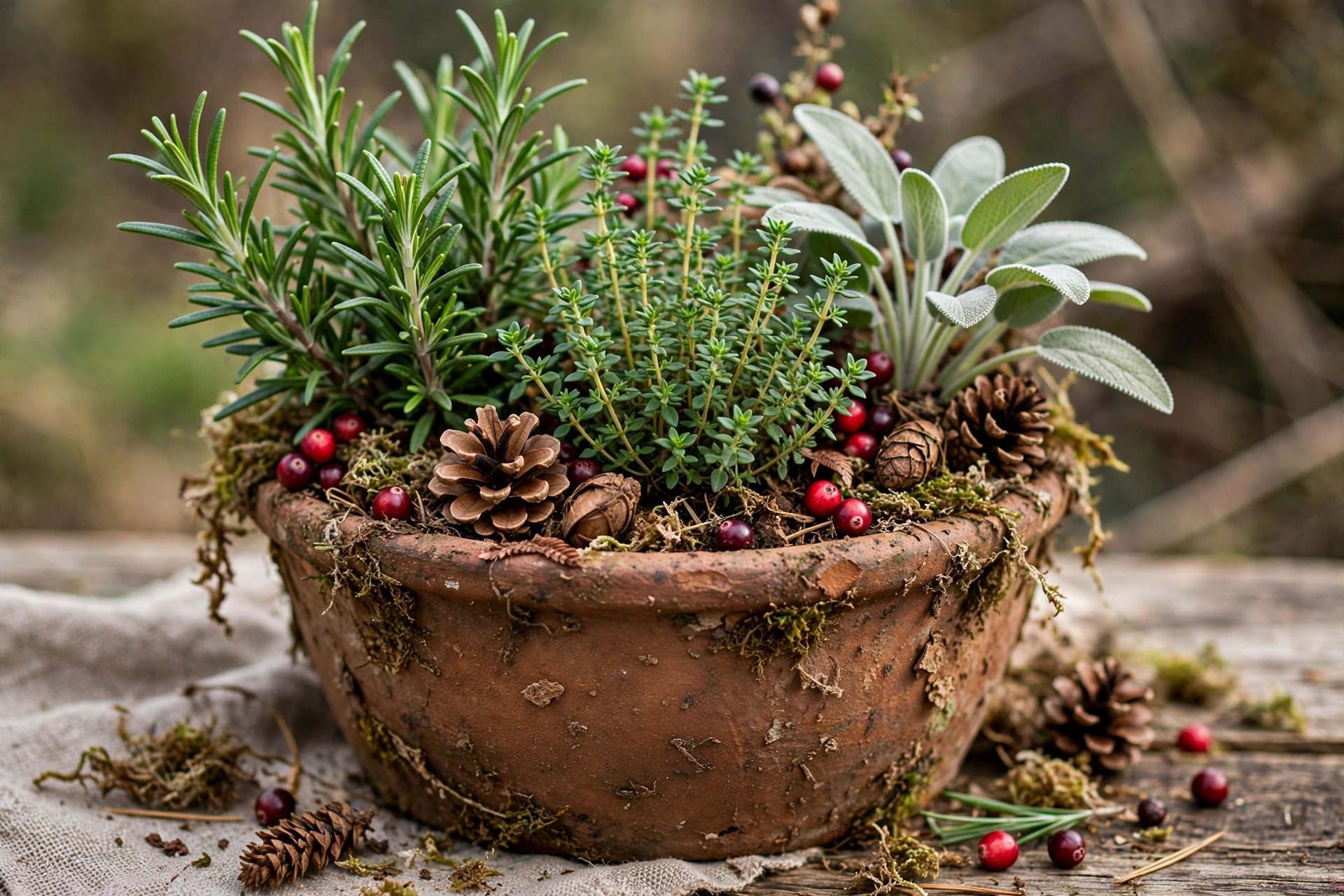 Rustic pot with rosemary, thyme and sage dressed with berries and pinecones.