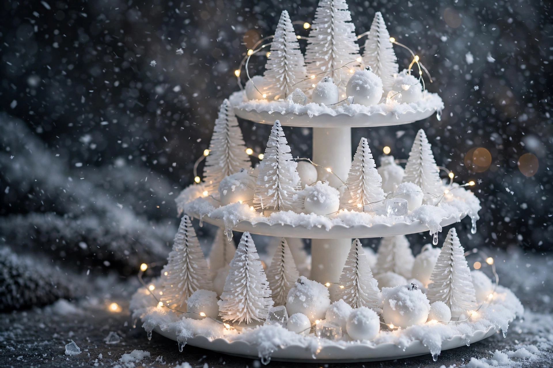 Winter wonderland white tray — Christmas tiered tray idea