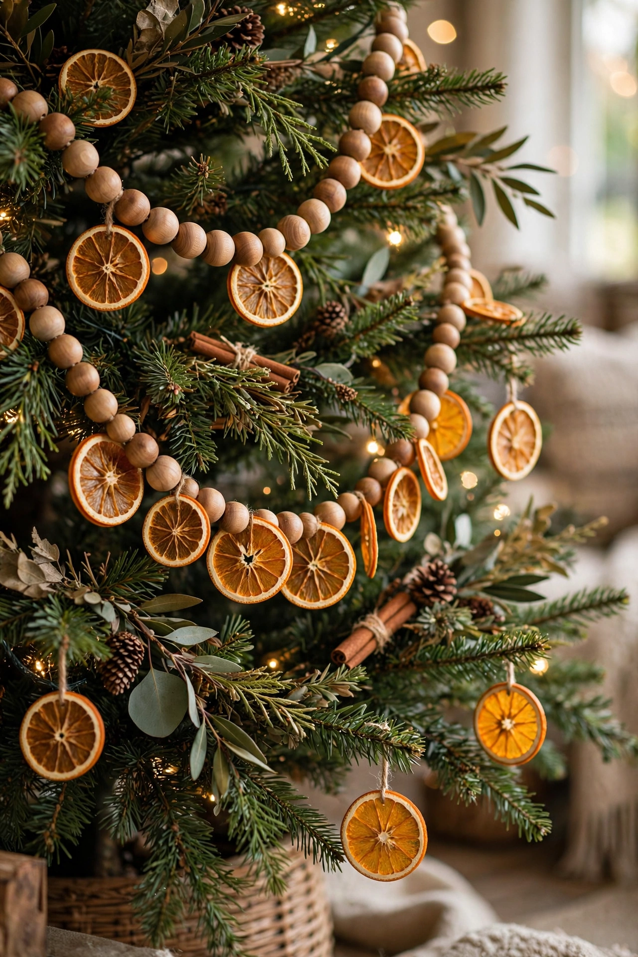 Wooden bead garland with dried orange slices draped on a Christmas tree.