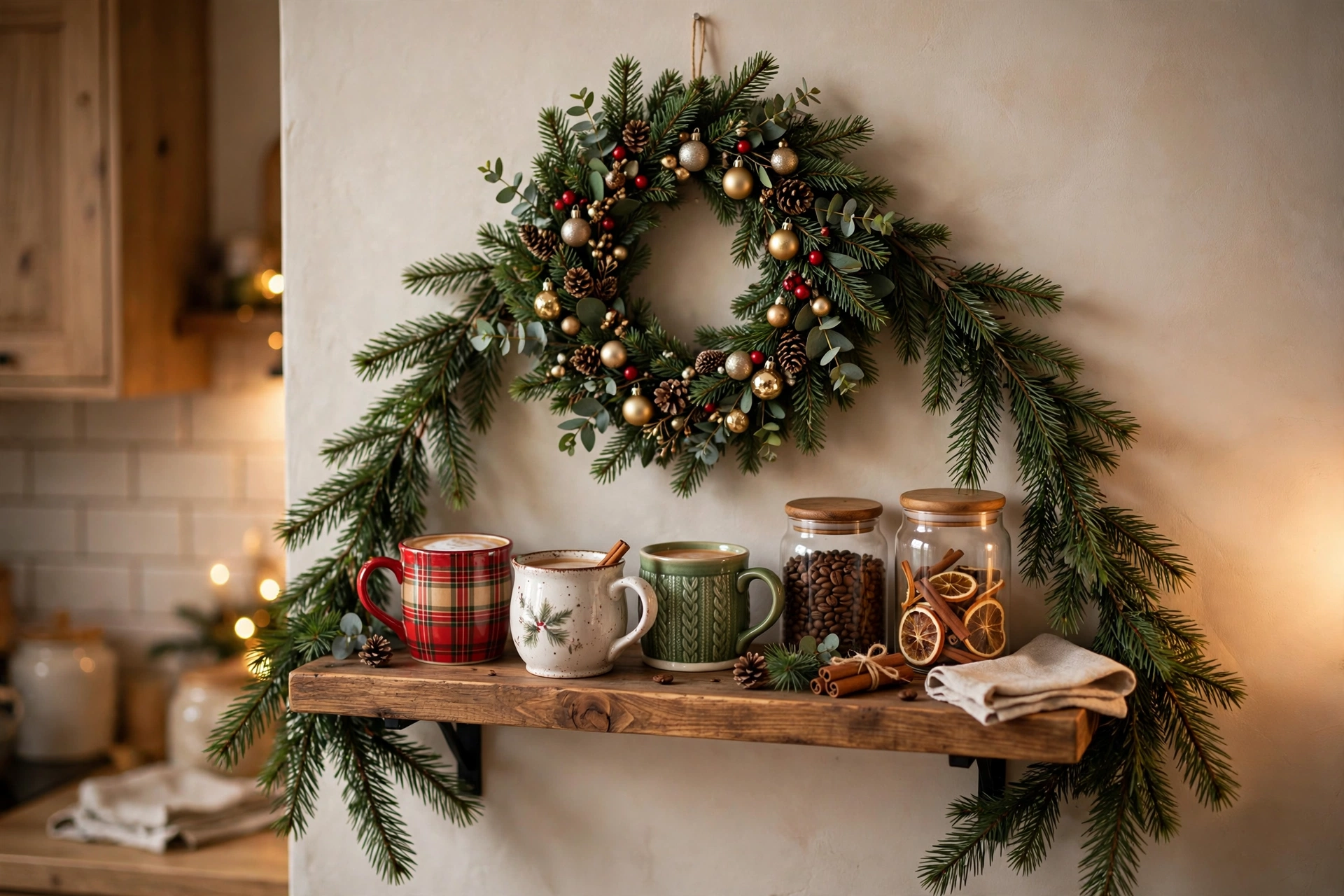 Coffee shelf with fresh pine wreath hanging above mugs