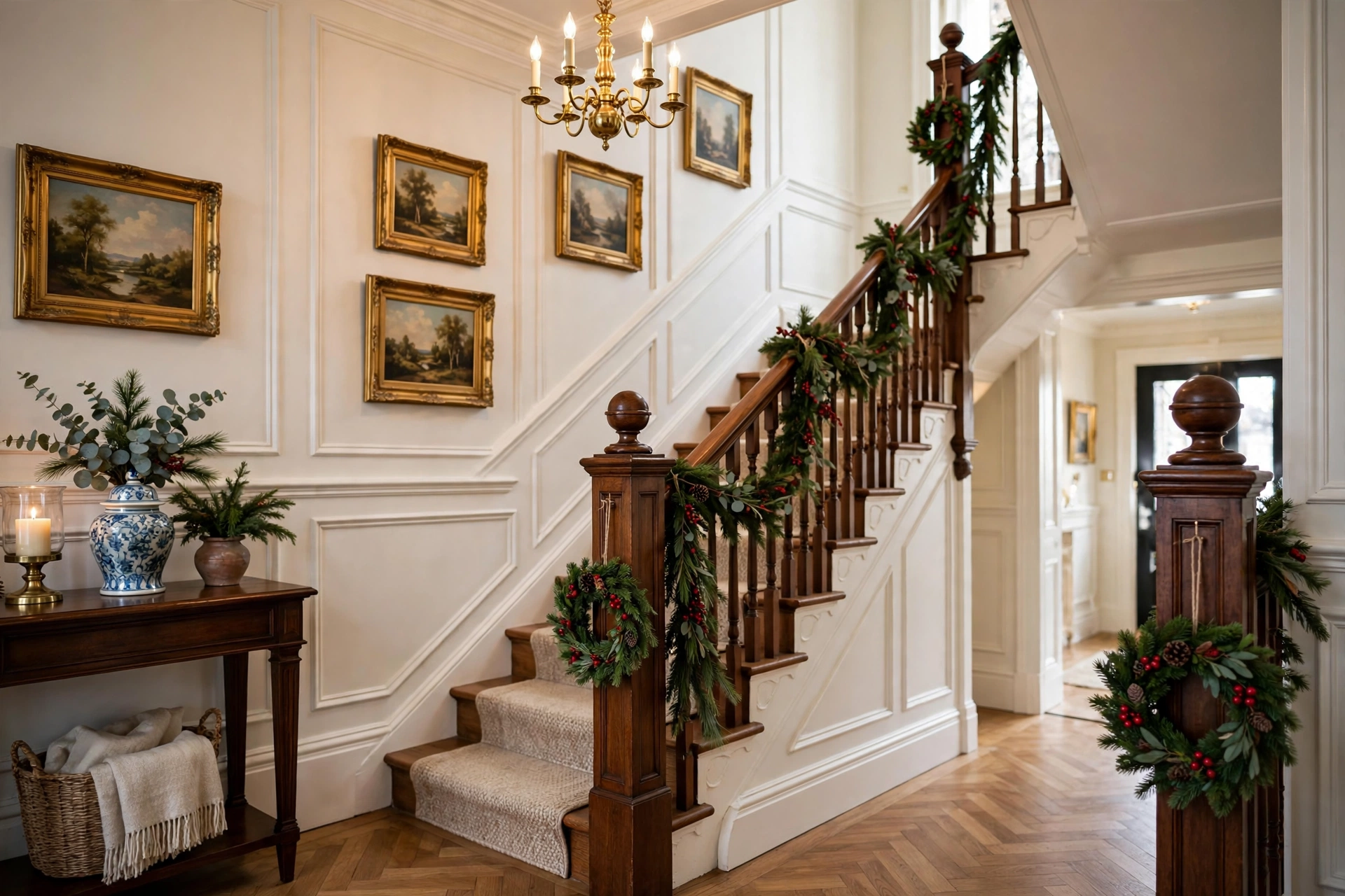 Small matching Christmas wreaths hanging on each newel post of a staircase.