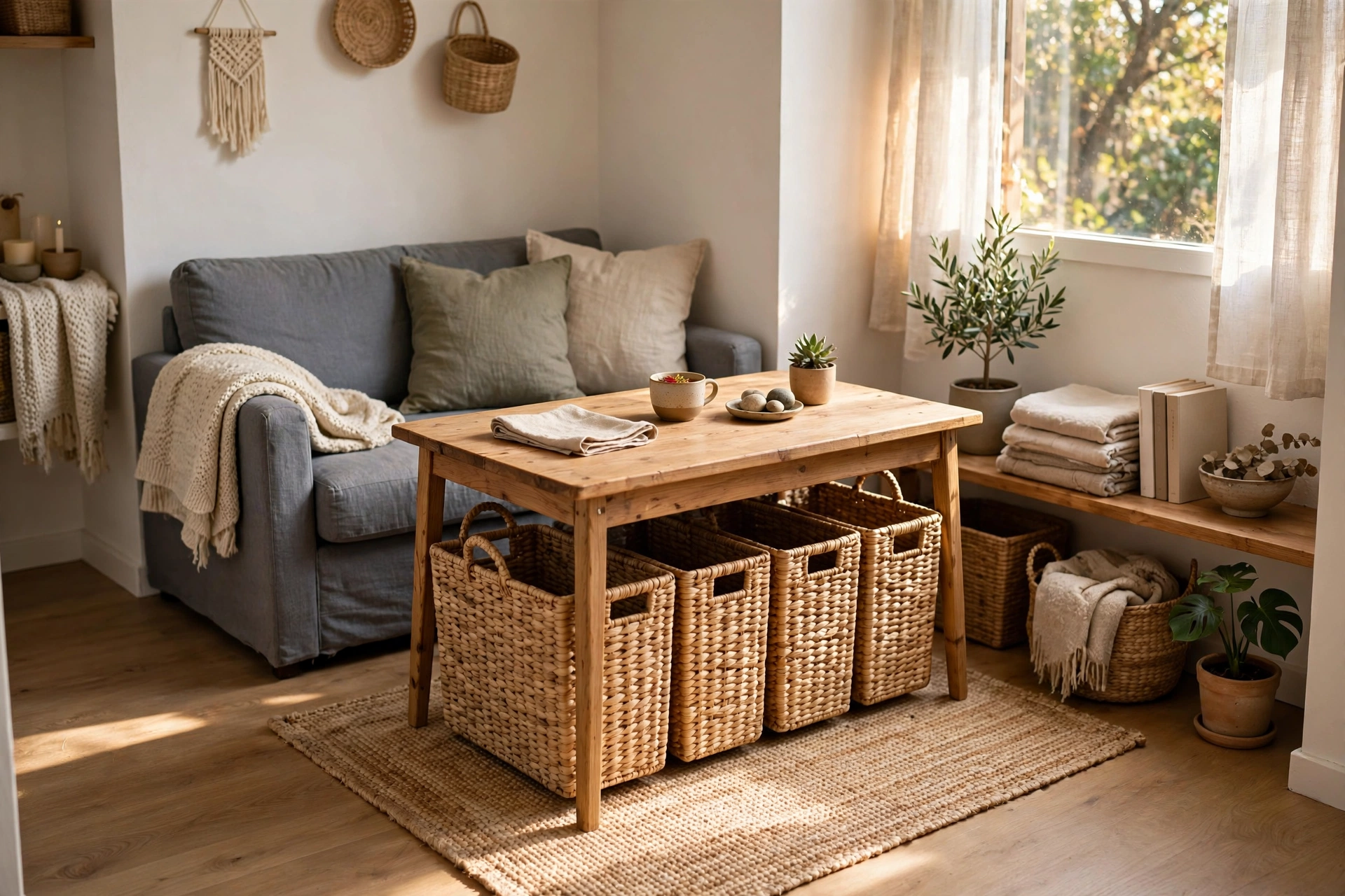 Woven baskets stored neatly under a dining table in a small combo room.