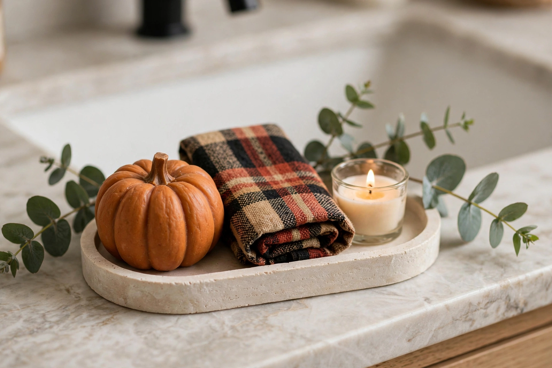 Small bathroom vanity tray with pumpkin soap, plaid hand towel, tiny candle, and eucalyptus.