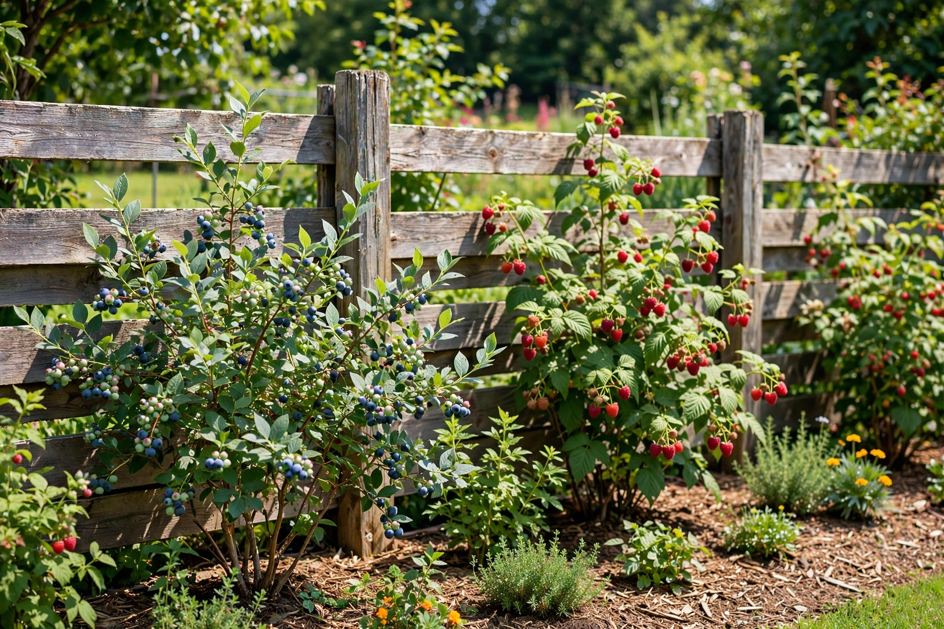 Berry bushes with ripe blueberries and raspberries planted along a wooden fence.