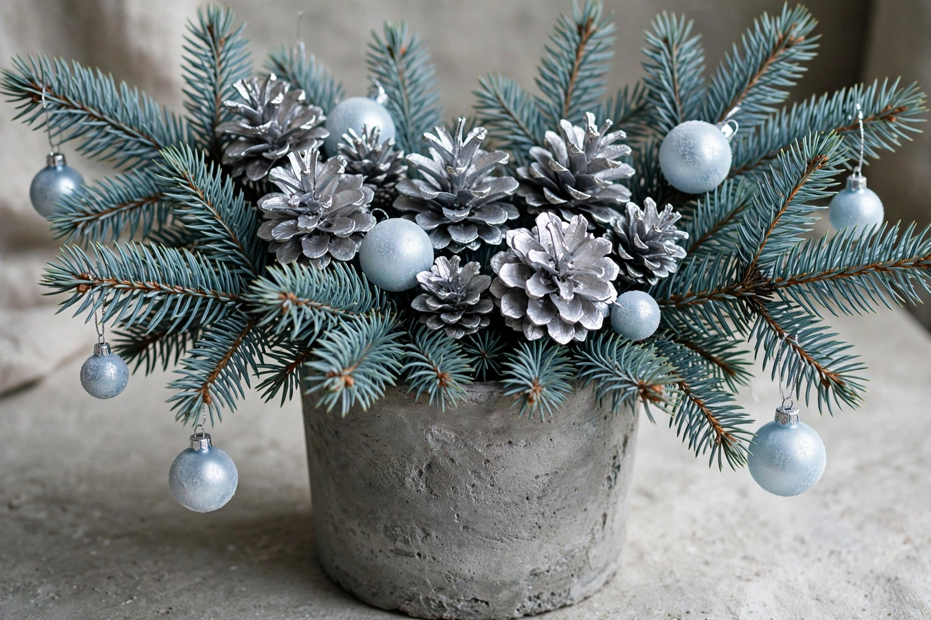 Blue spruce branches with silver pinecones and pale blue ornaments in a concrete pot.