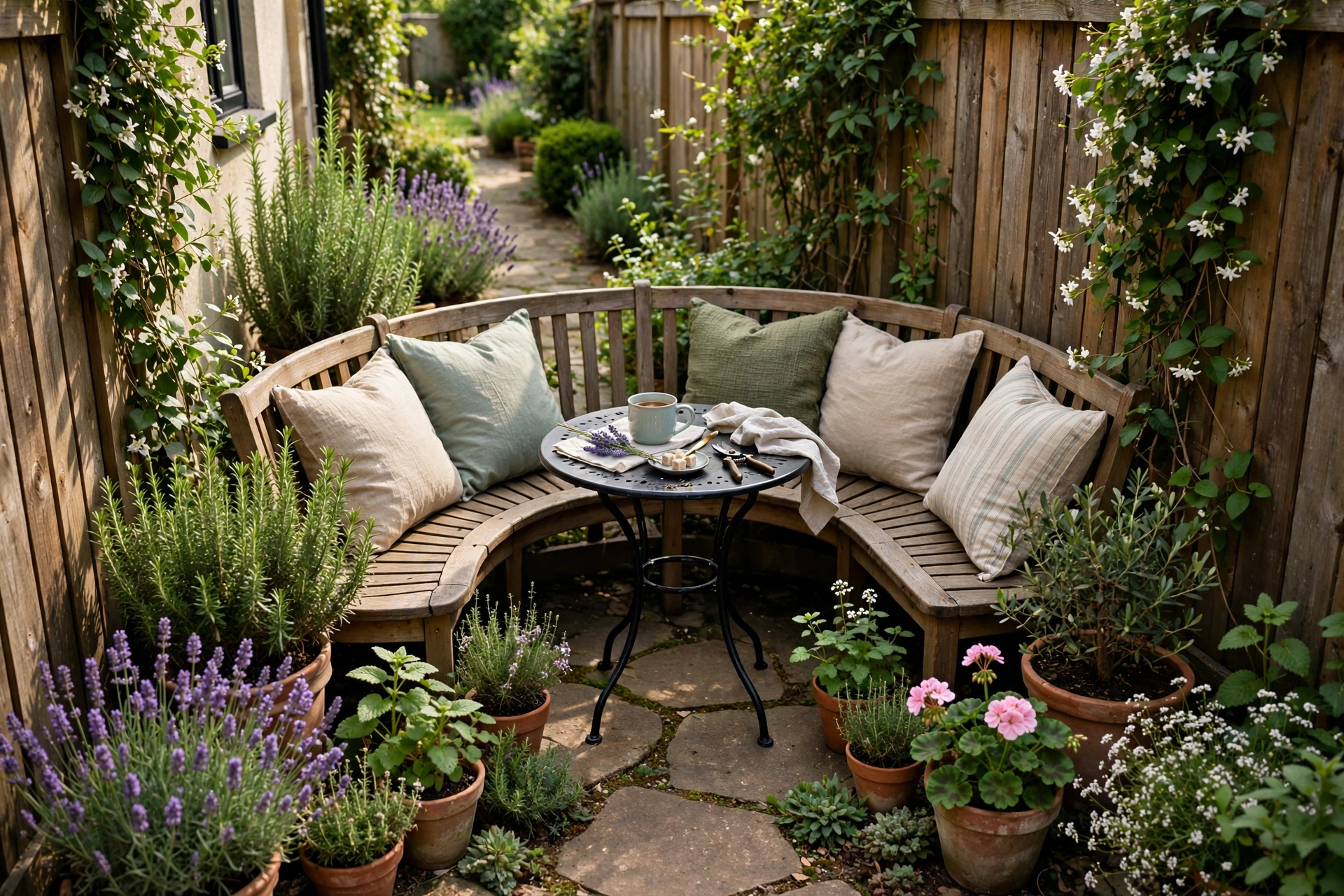 Small corner seating nook with a curved bench and bistro table surrounded by fragrant plantings at the end of a side yard.
