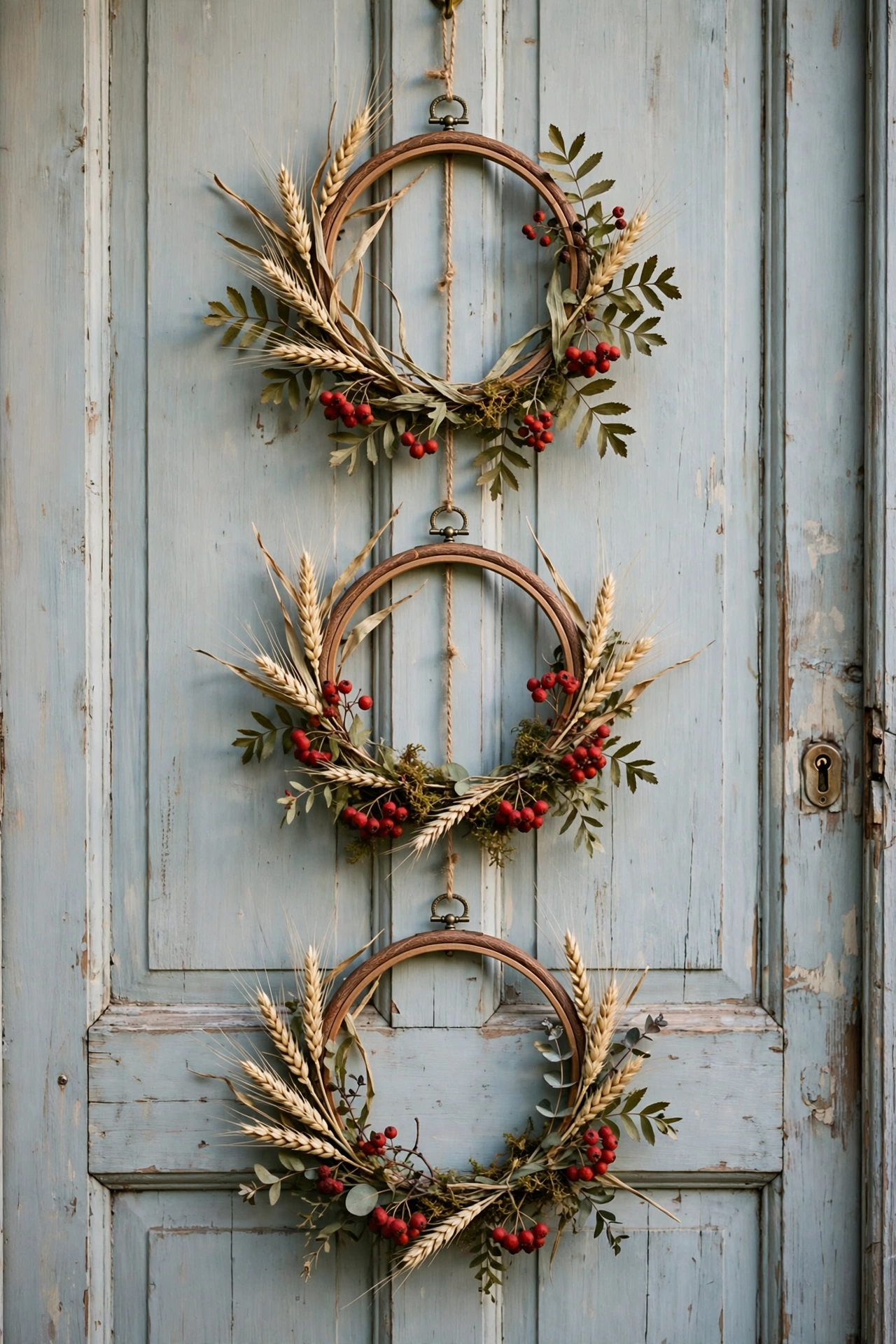 Three wooden embroidery hoops with wheat leaves and berries hanging vertically on a door.