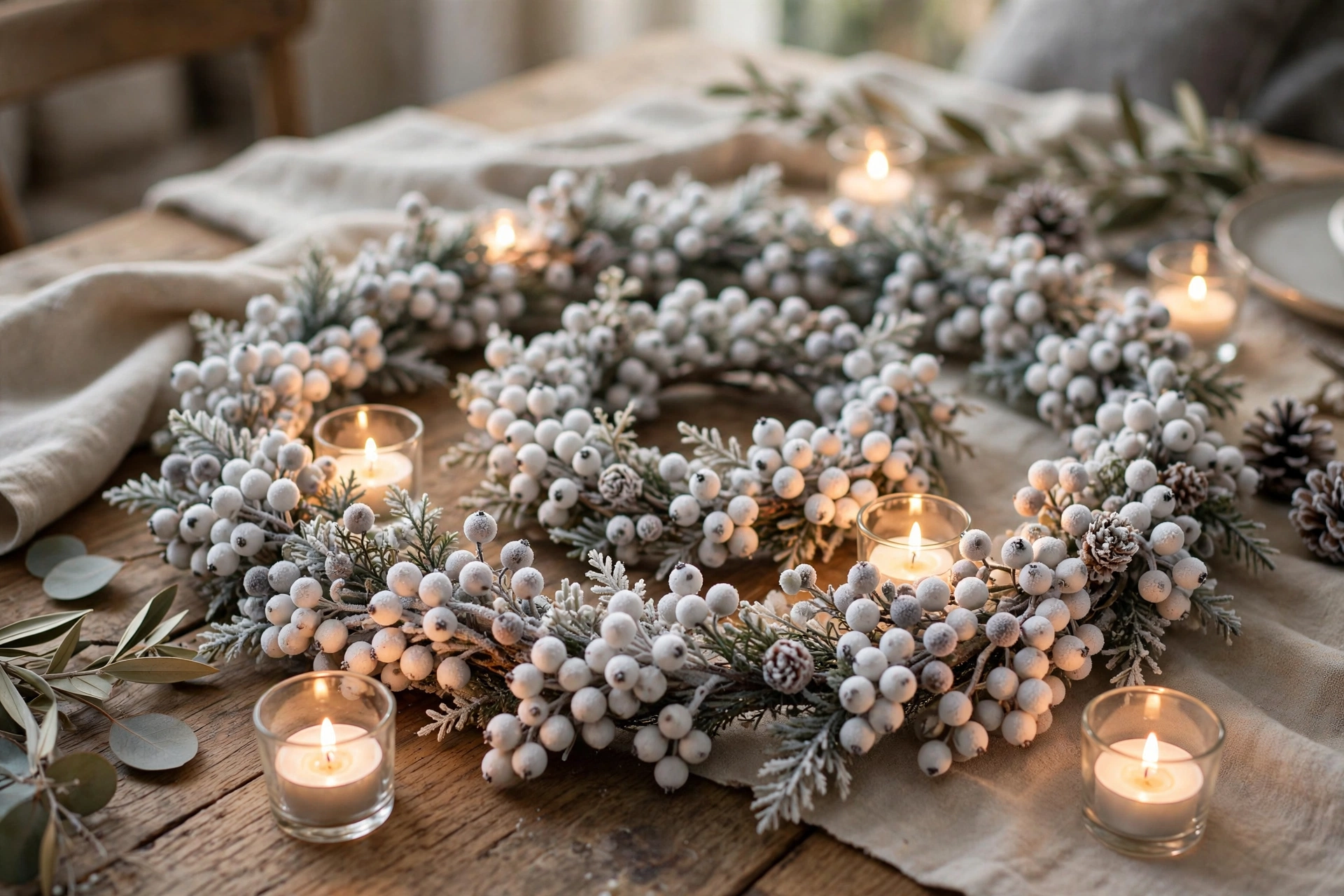 Frosted white berry garland coiled in a spiral with tea lights glowing on a table.