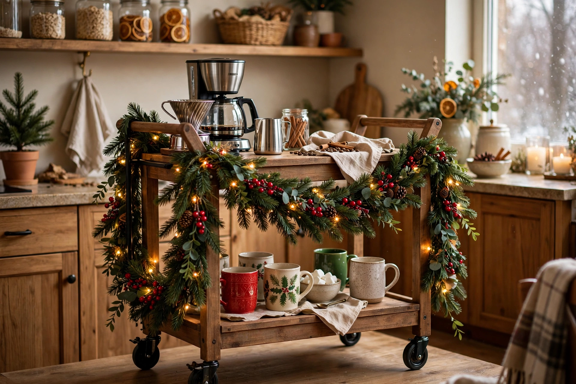 Coffee cart draped with pine garland, lights and red berries