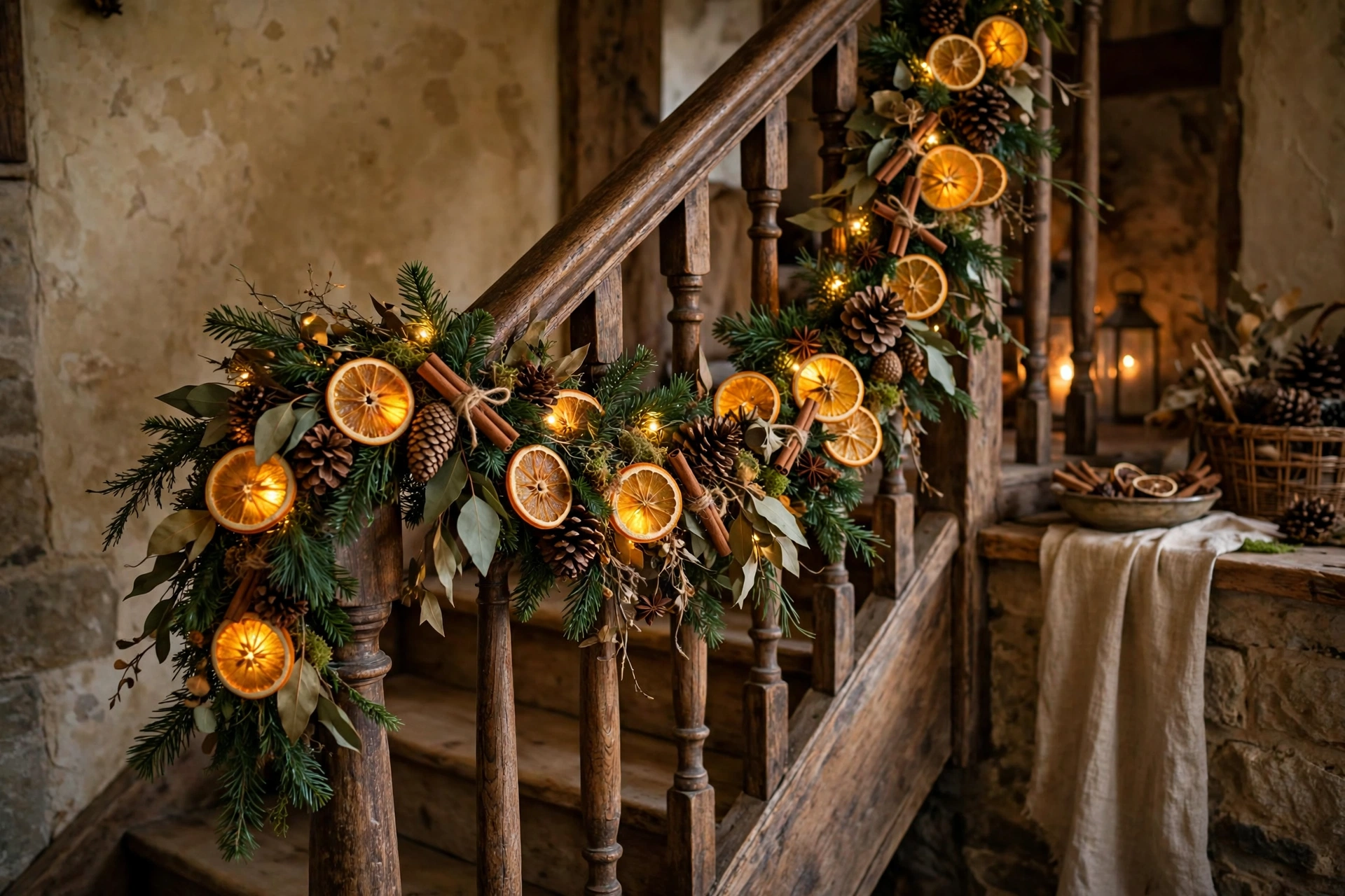 Christmas garland with dried orange slices, cinnamon sticks, and pine on a stair railing.