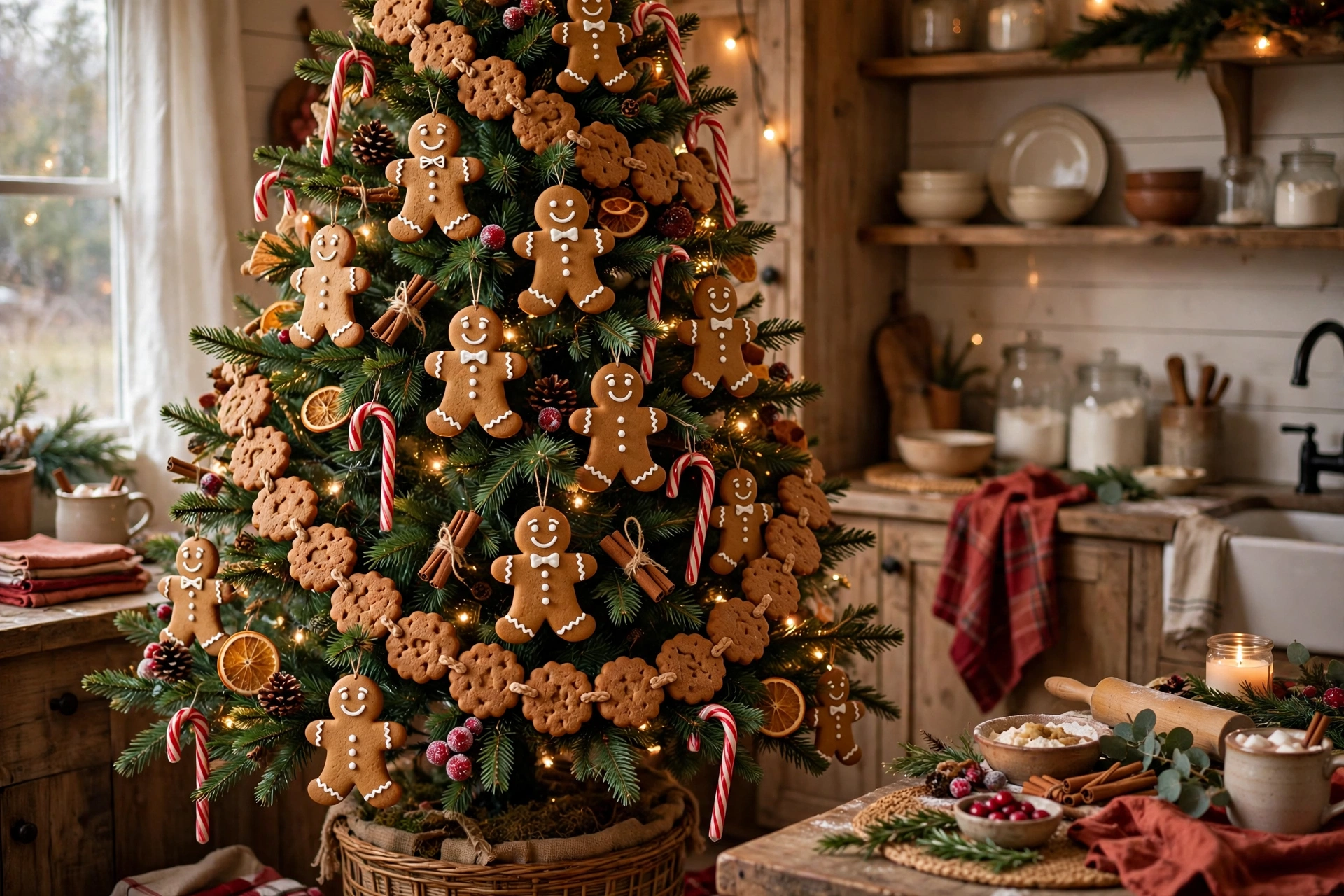 gingerbread cookie themed Christmas tree with gingerbread man ornaments and cookie garlands