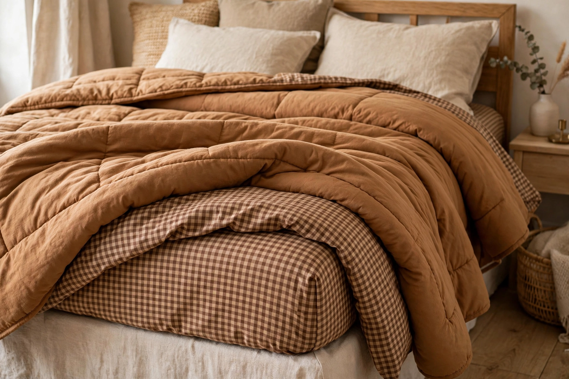 Brown gingham sheets peeking from under a solid caramel quilt on a bed.
