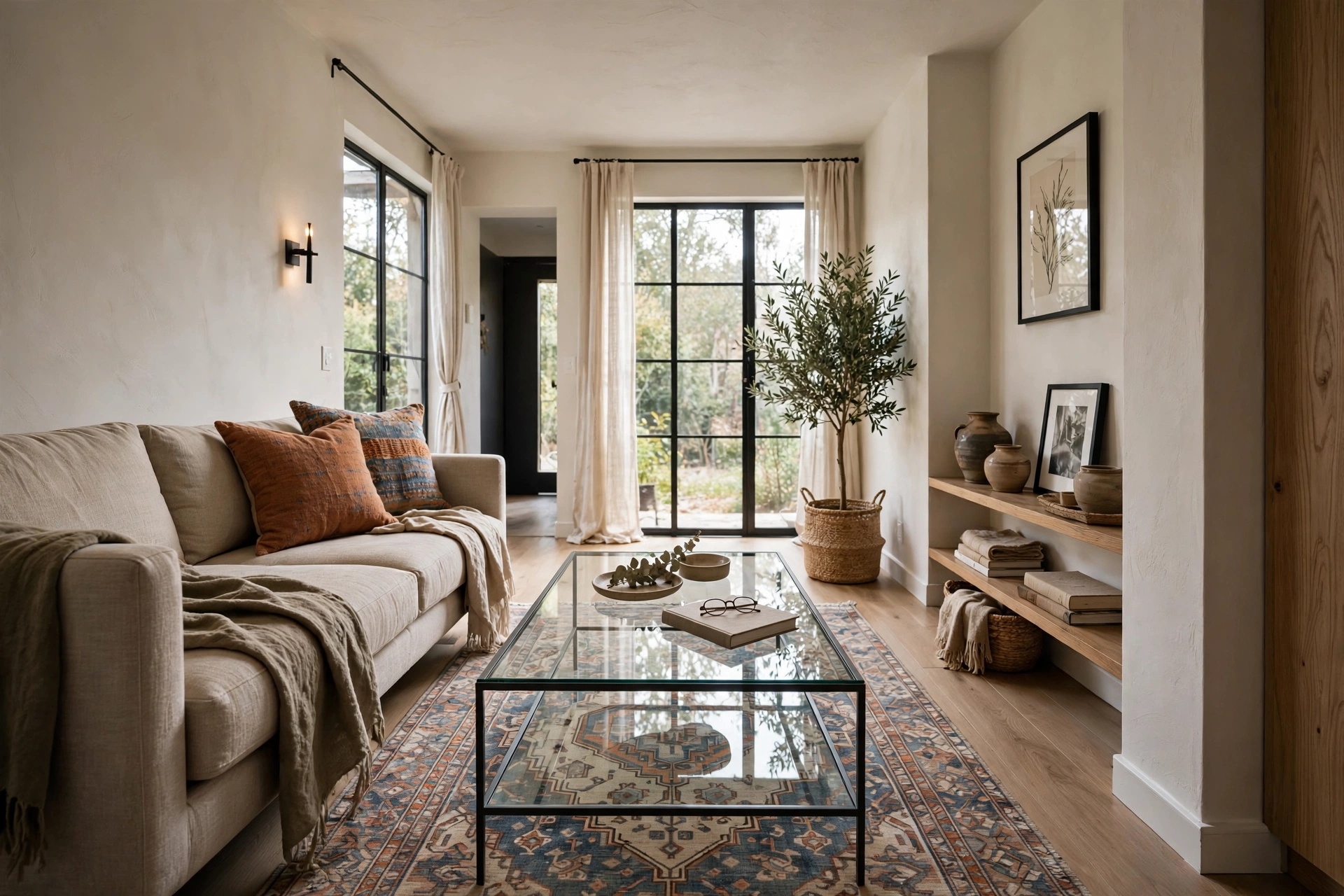 Glass-top coffee table — narrow living room idea