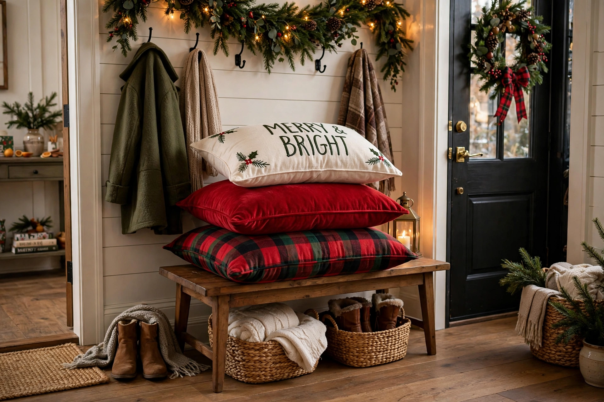 Stack of holiday pillows on an entryway bench