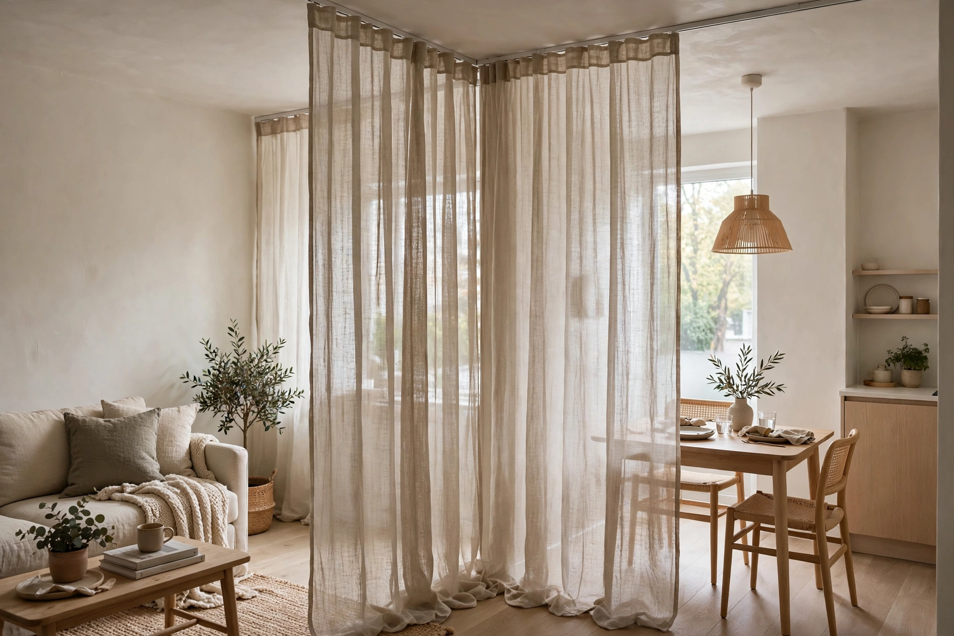 Sheer linen curtains on a ceiling track dividing a small open plan space.