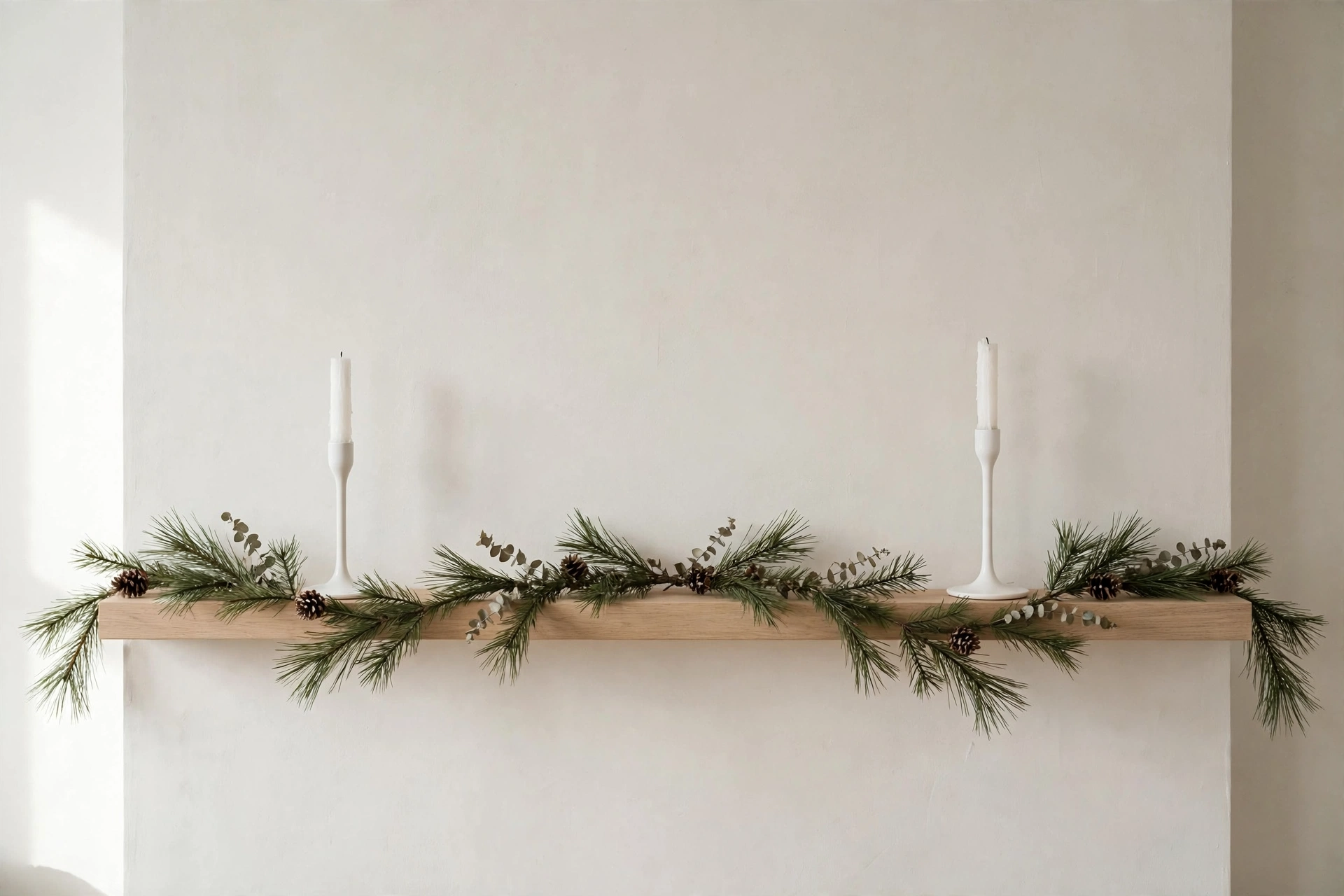 Minimalist Christmas mantel with simple pine garland and two white candlesticks.