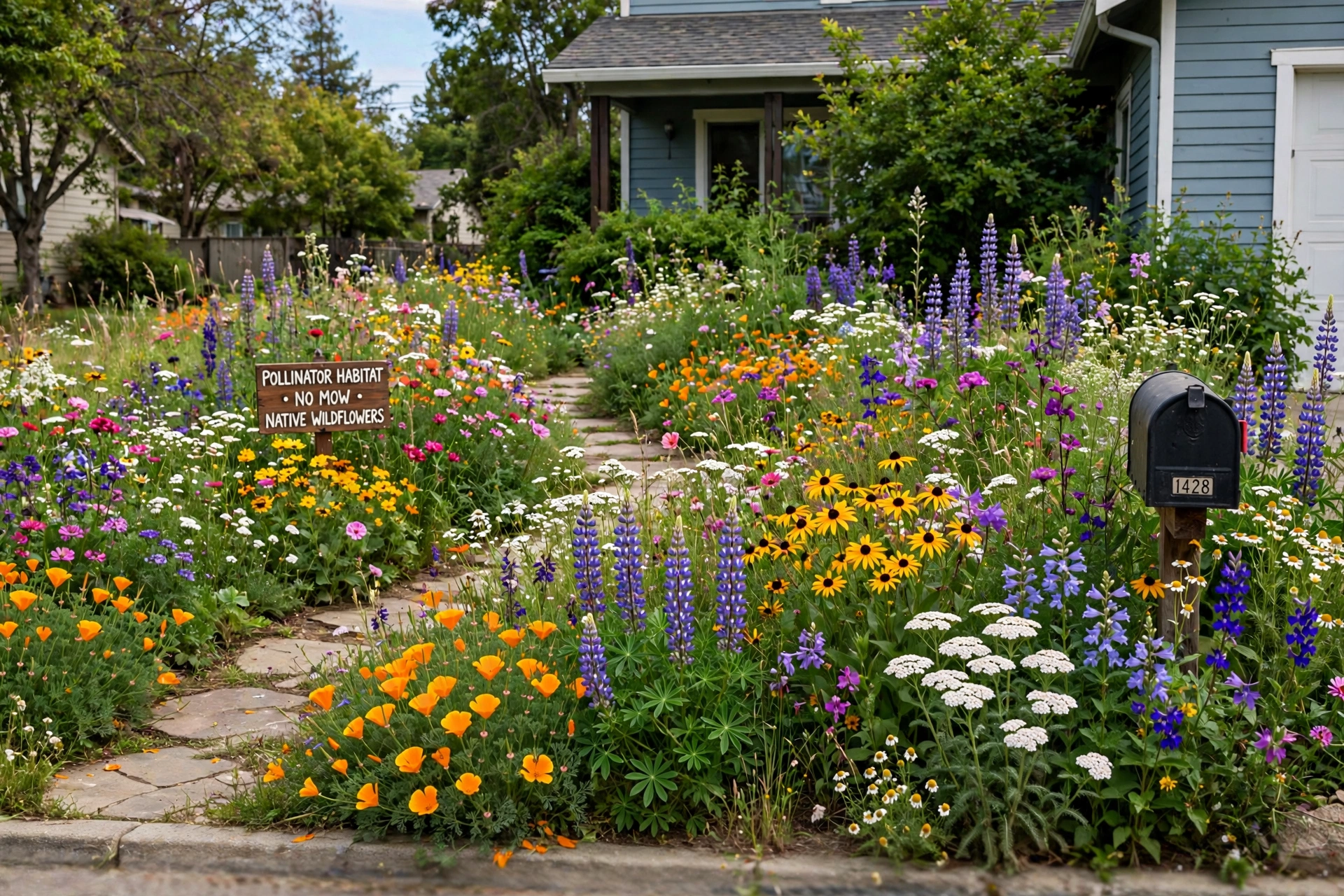 Native wildflower patch with colorful blooms replacing lawn in a front yard.