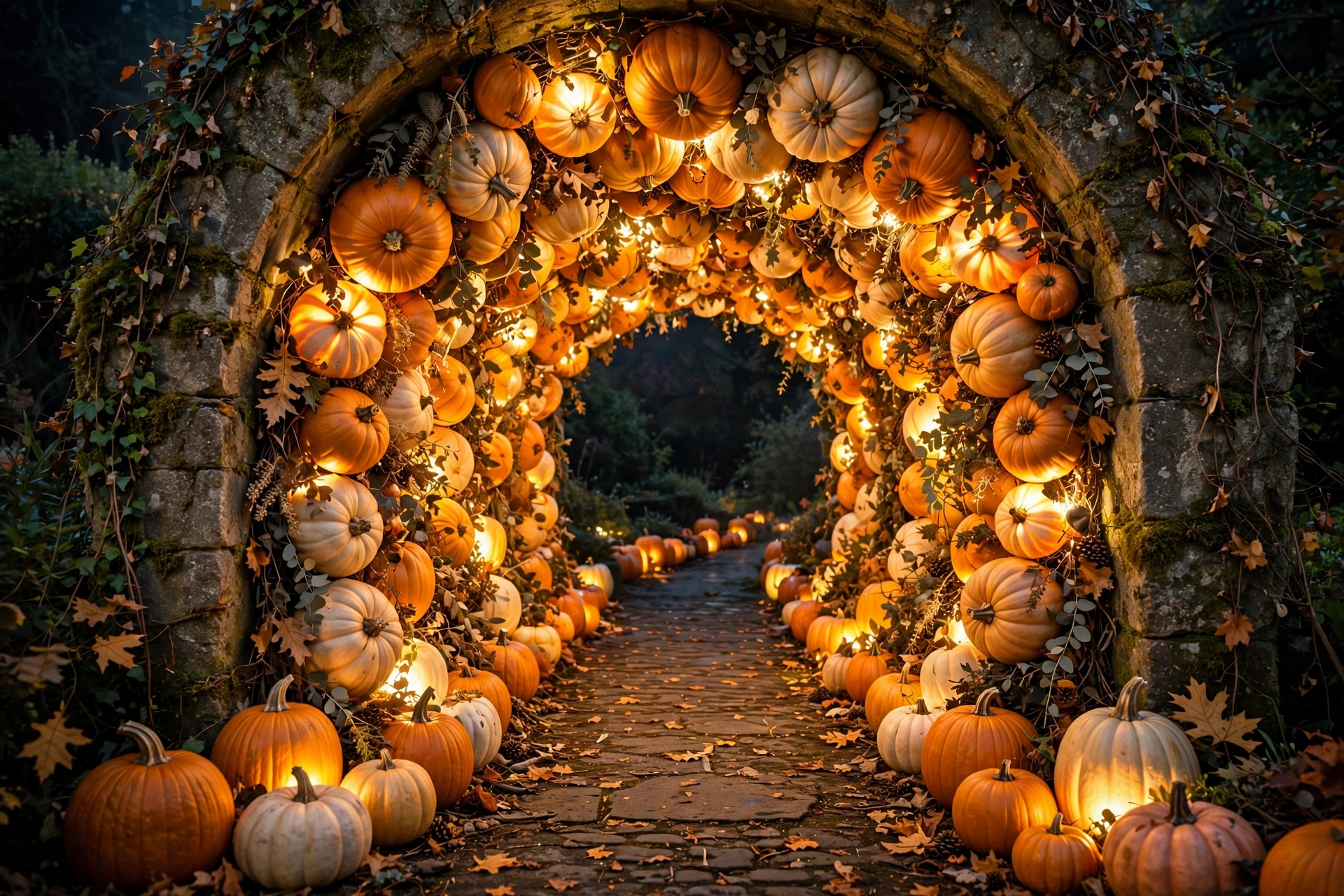 Archway over a walkway covered in glowing craft pumpkins forming a pumpkin tunnel.