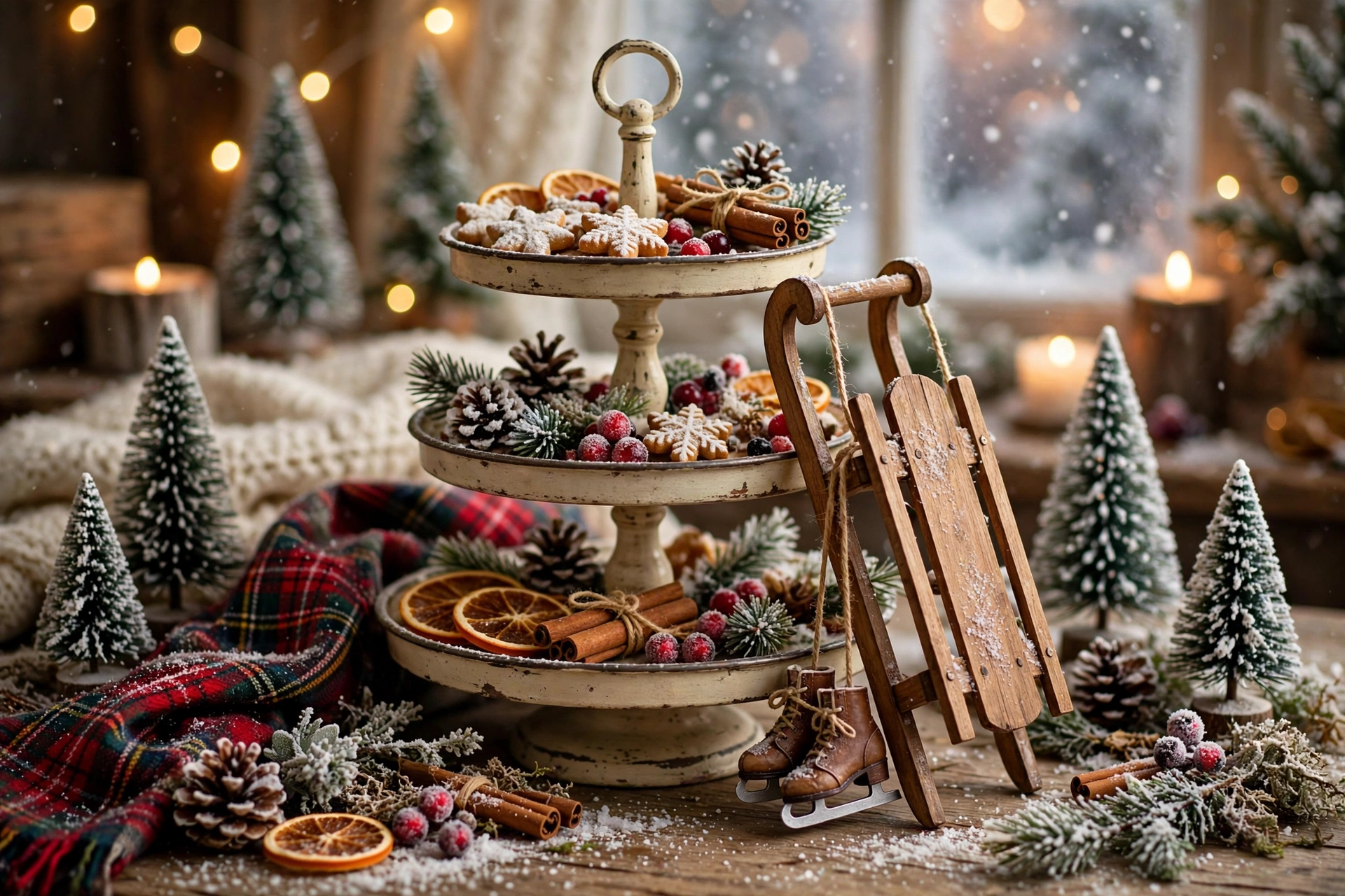 Rustic sled tray — Christmas tiered tray idea