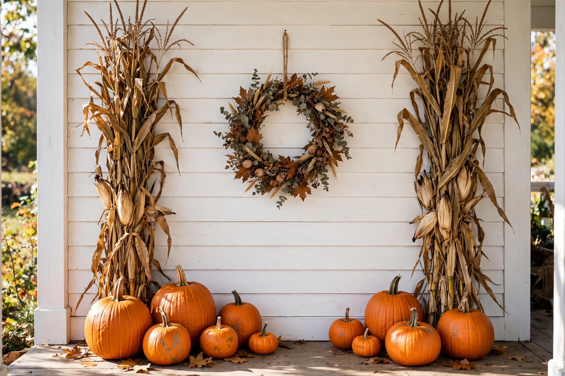 White shiplap porch wall with a wreath, cornstalks, and pumpkins.