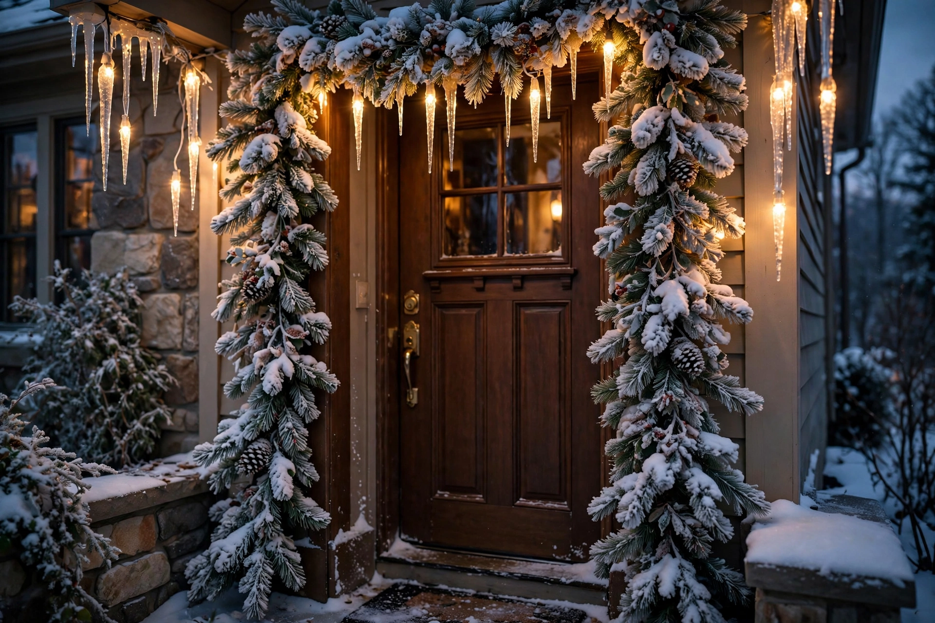Snowy garland with icicle lights — Christmas door idea