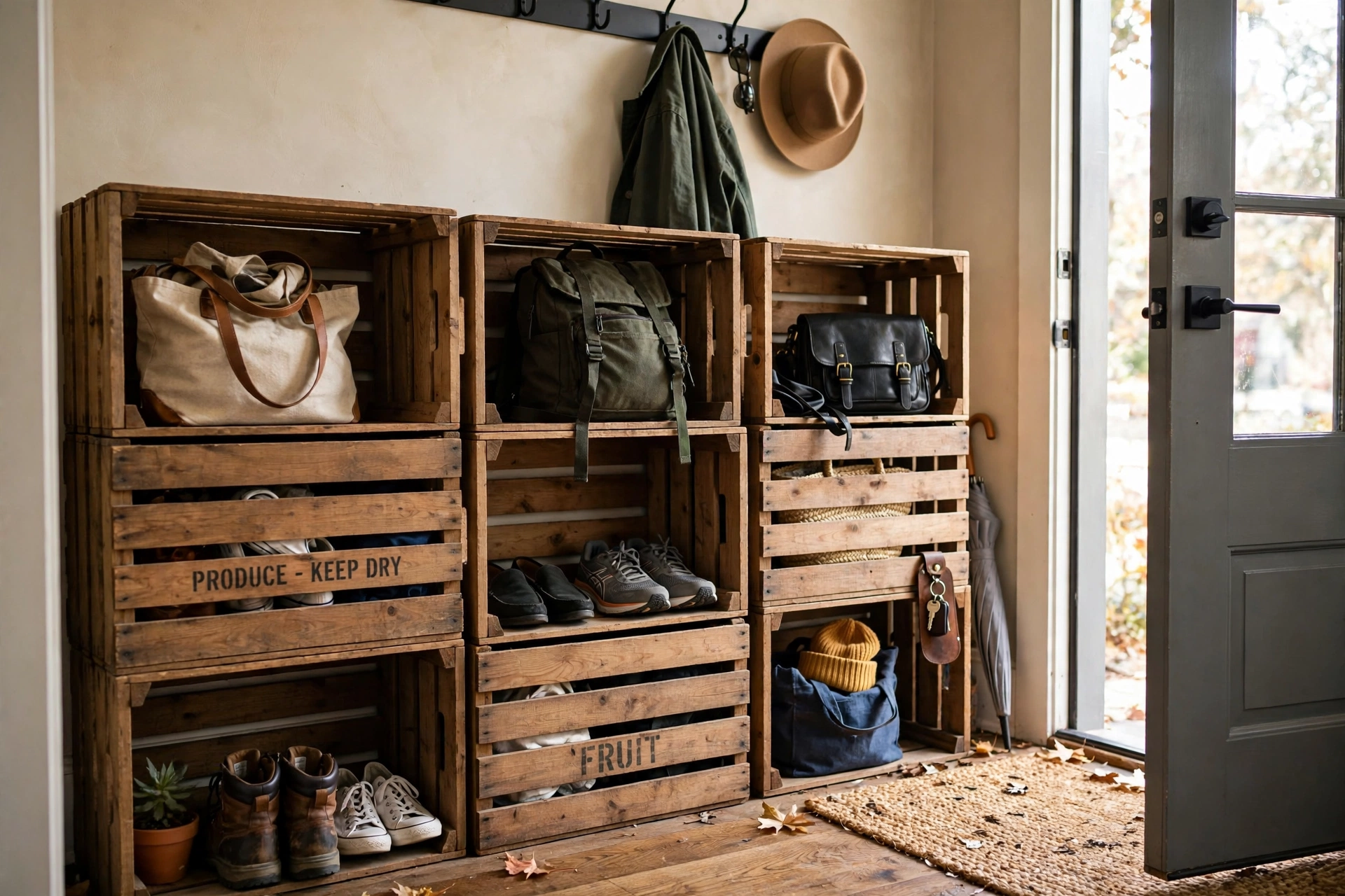 Stacked crate organizer — drop zone idea