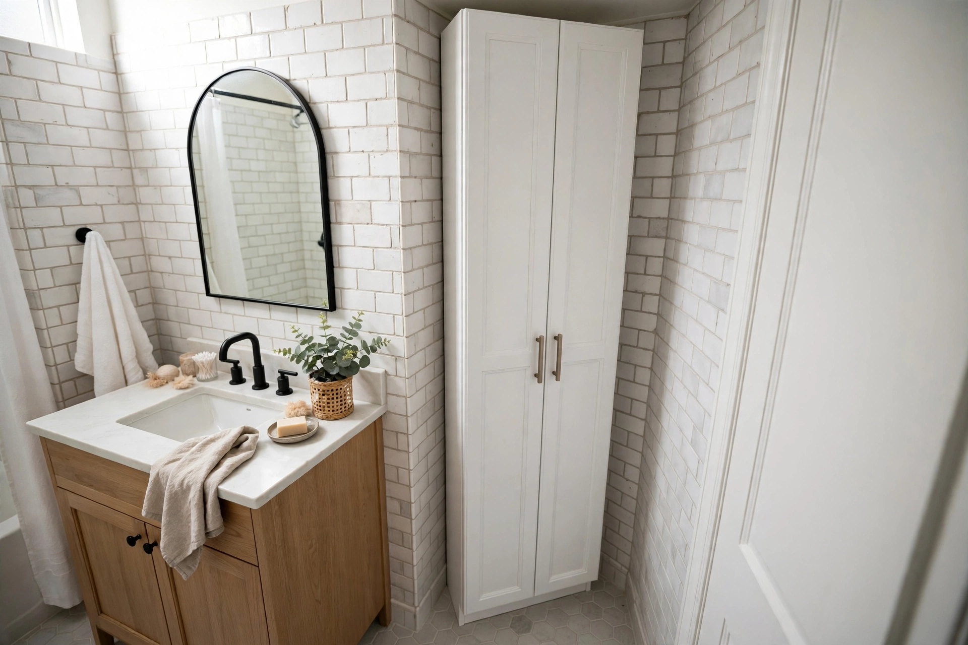 A tall narrow white corner storage cabinet in a small bathroom with doors closed, styled beside a vanity, realistic photo, no text