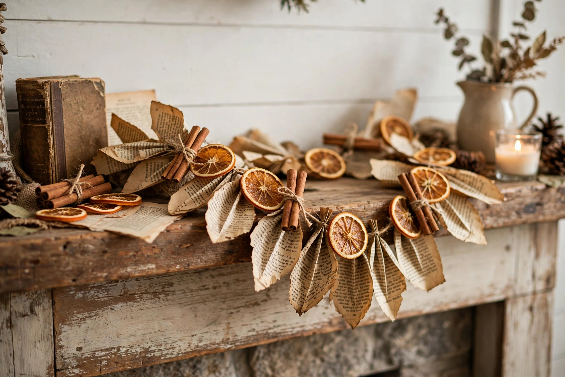 Garland made of vintage book pages with dried orange slices draped on a farmhouse mantel.
