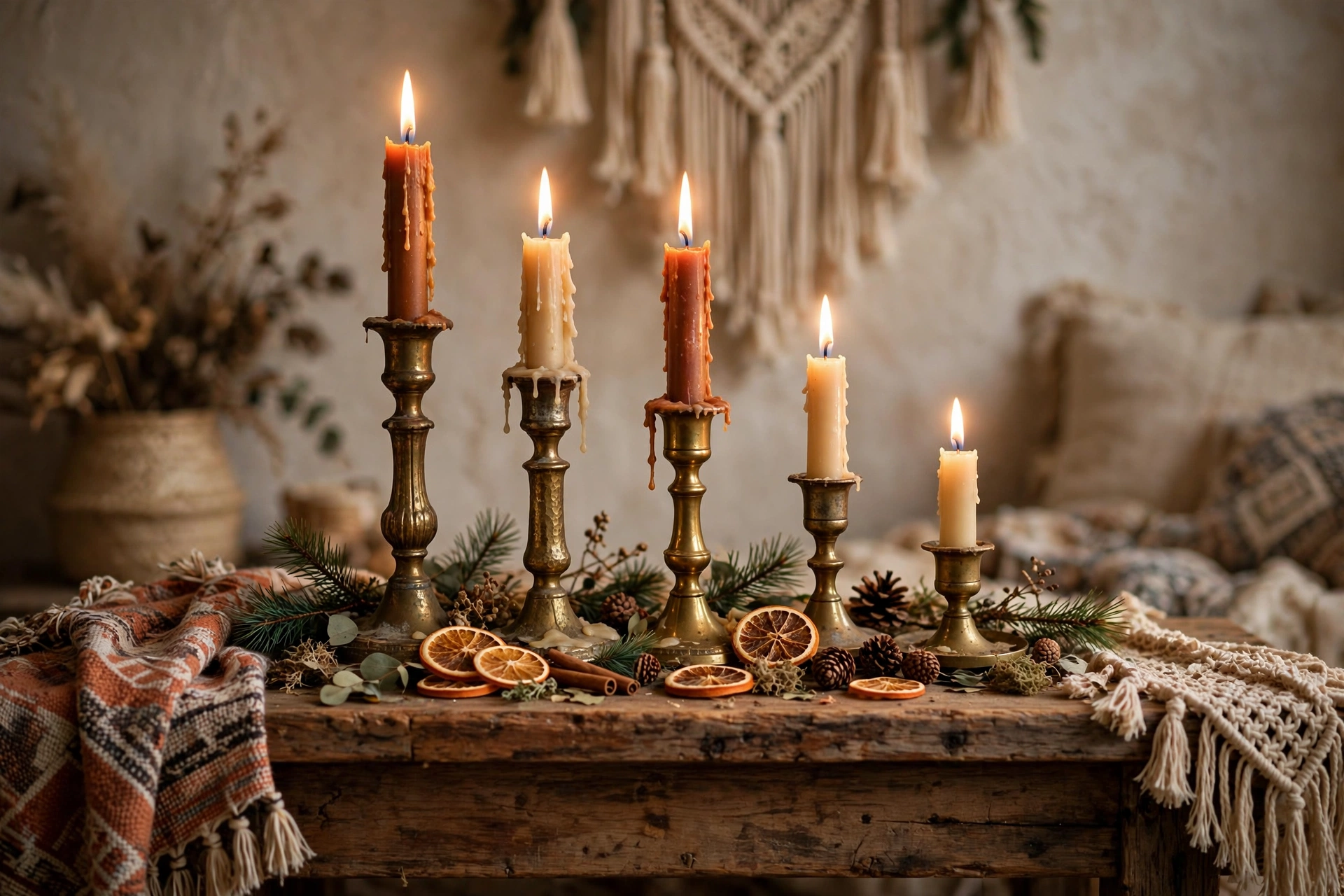 A collection of mismatched vintage brass candlesticks with taper candles on a mantel