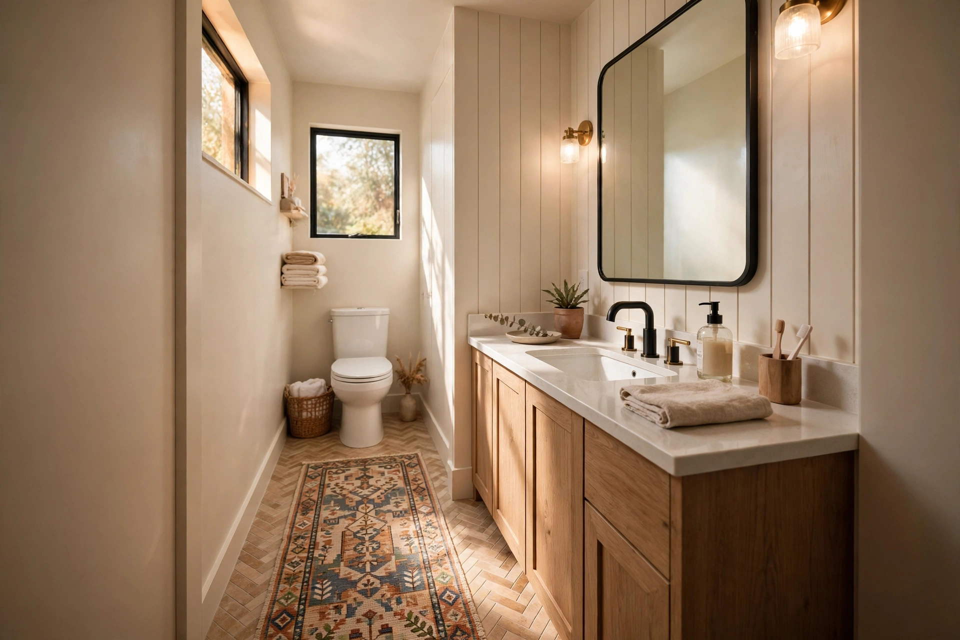 Washable bathroom runner in a small bathroom — small bathroom decor idea
