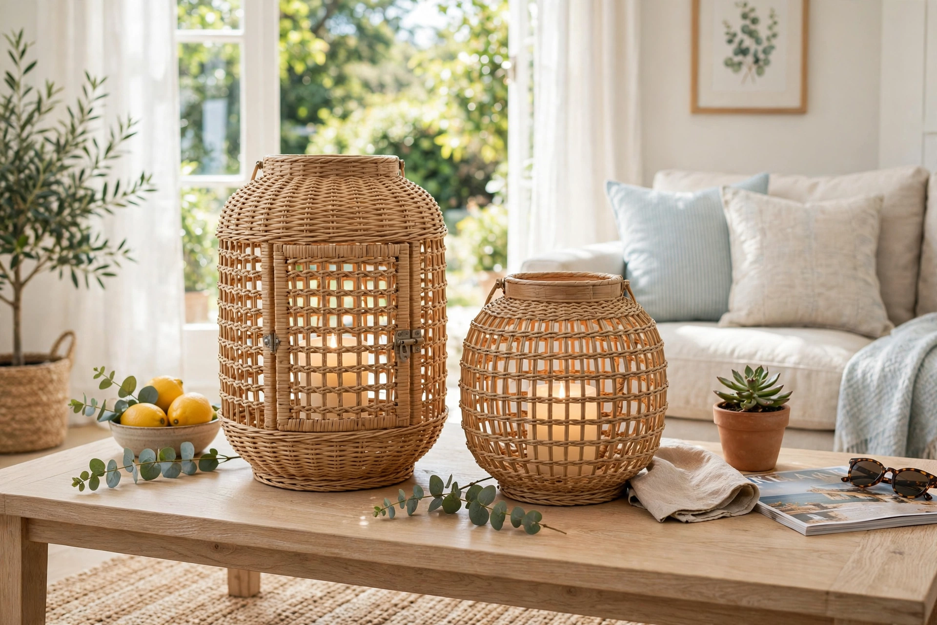 Two woven wicker lanterns of different sizes with flameless candles on a coffee table in a bright living room.