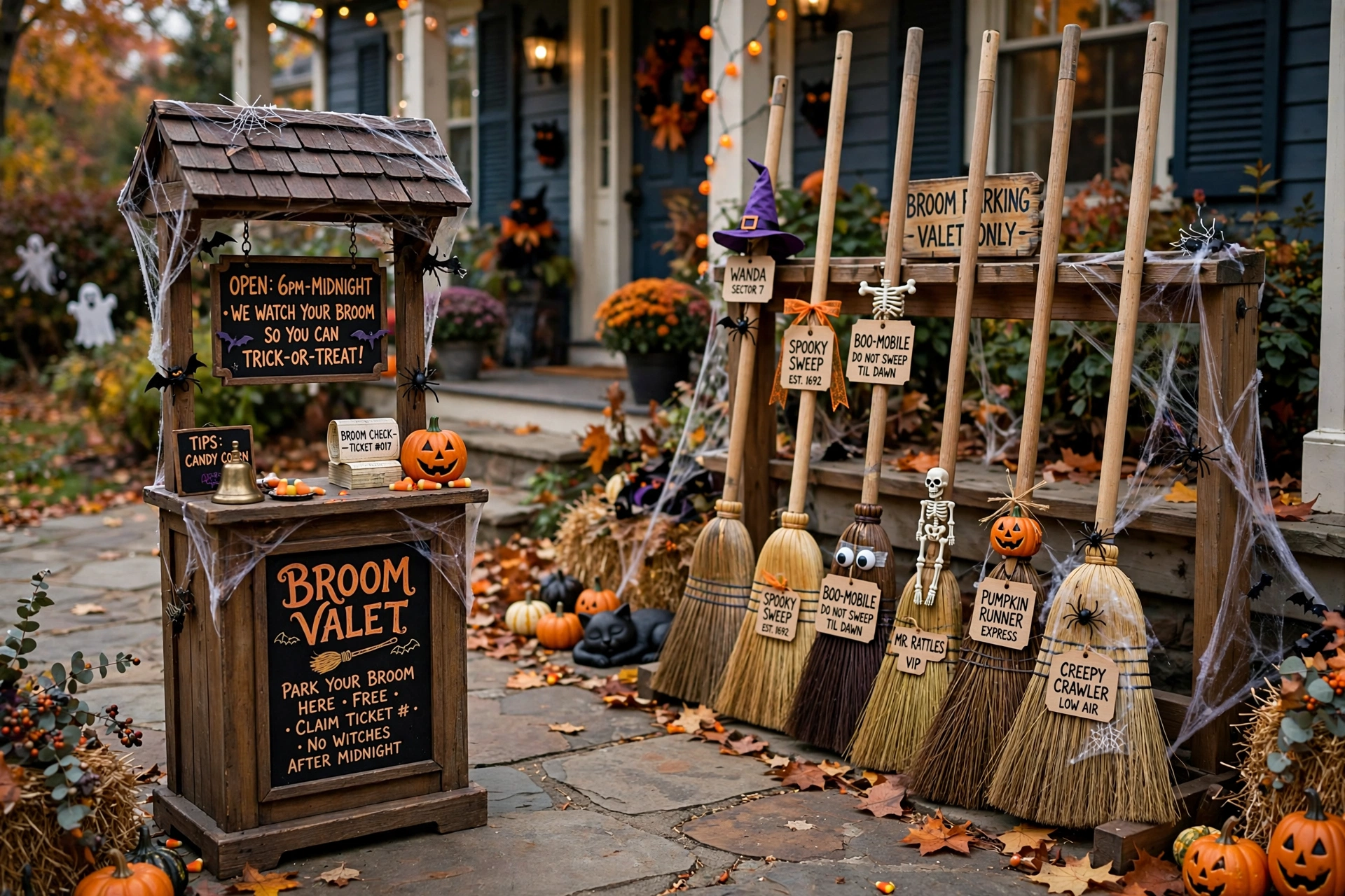 Tiny valet stand with a broom valet sign and a row of brooms parked in a rack by a walkway.