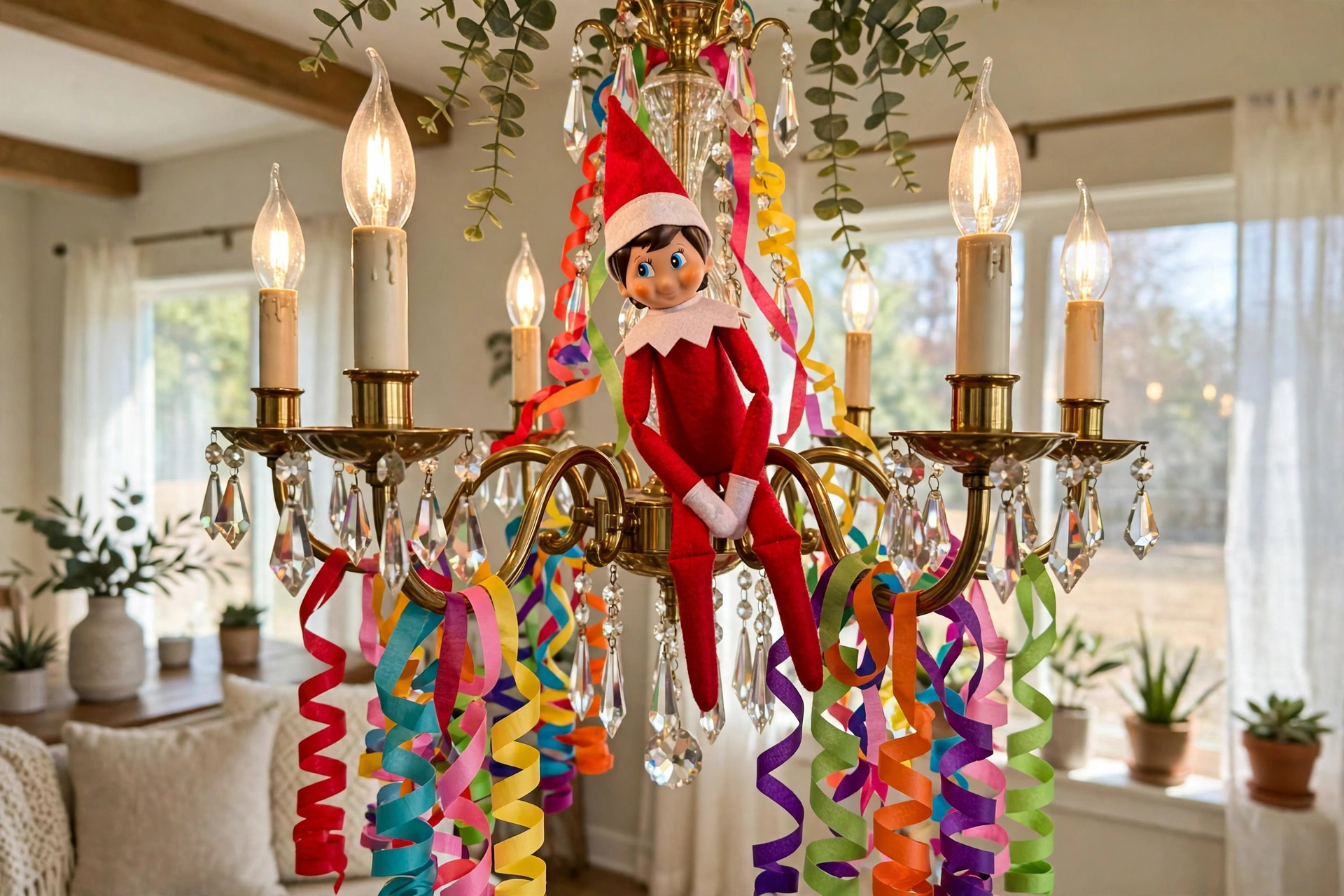 Chandelier perch with streamers — elf on the shelf arrival idea