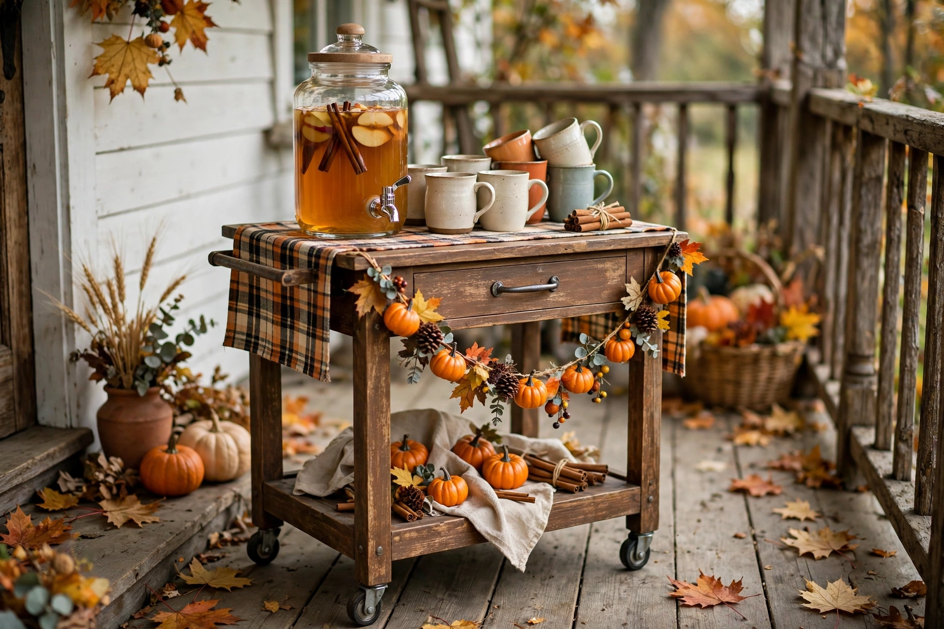 Bar cart with a cider dispenser, mugs, and cinnamon sticks on a porch.