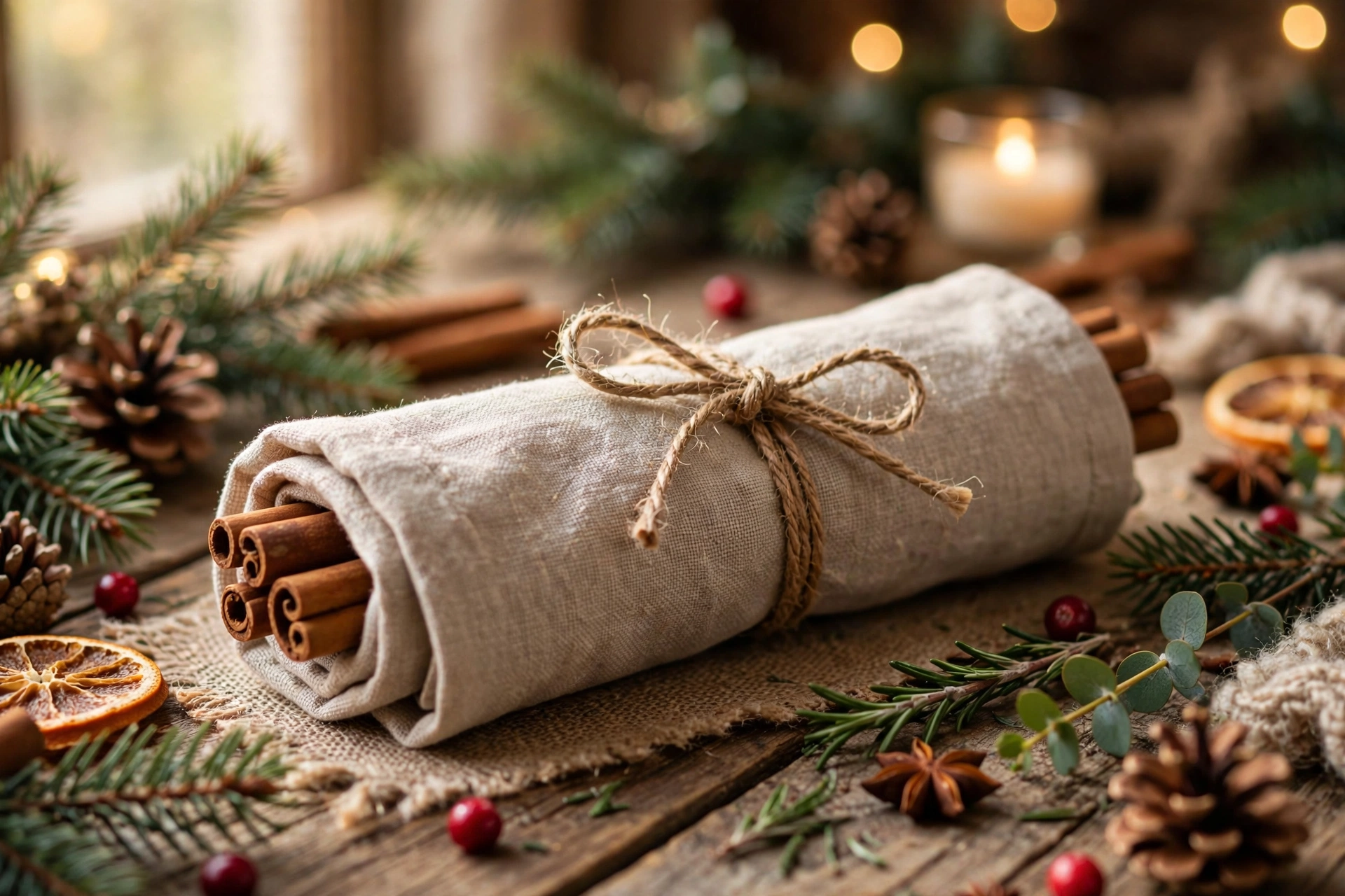 Cinnamon stick roll napkin fold — Christmas napkin folding idea