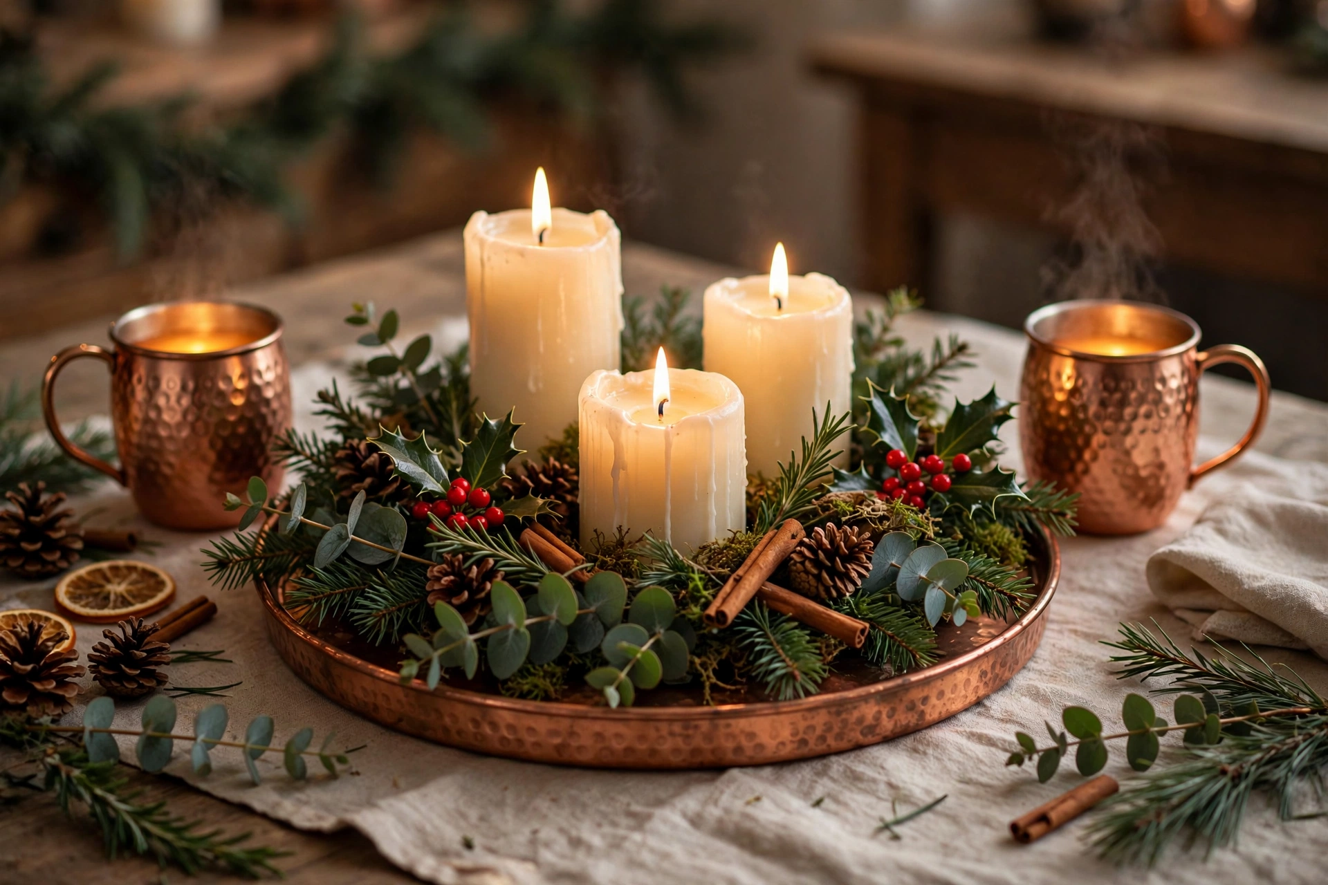 Copper tray with greenery, cream candles, and copper mugs glowing on a holiday table.