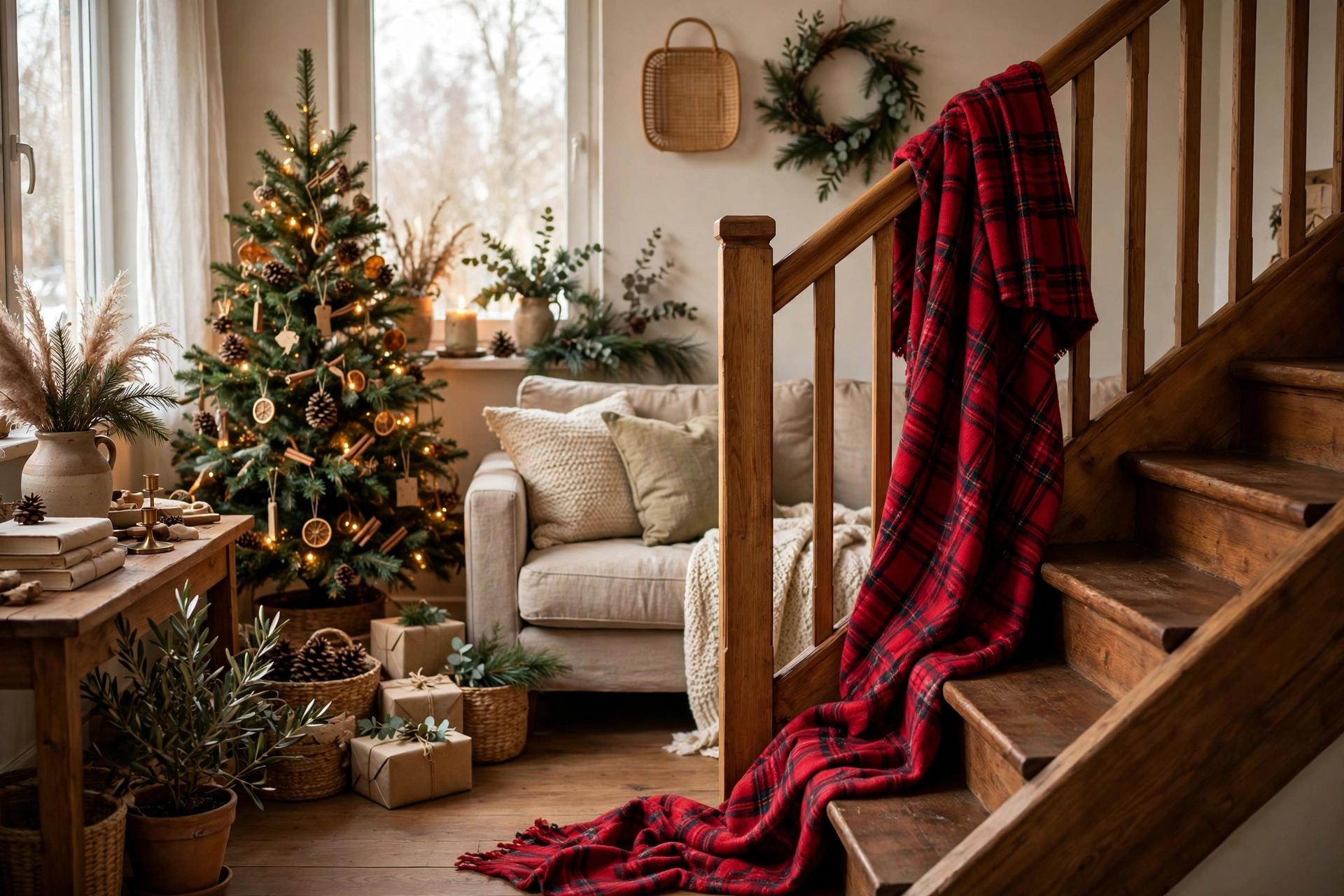 Cozy red plaid throw blanket draped over a wooden stair railing.