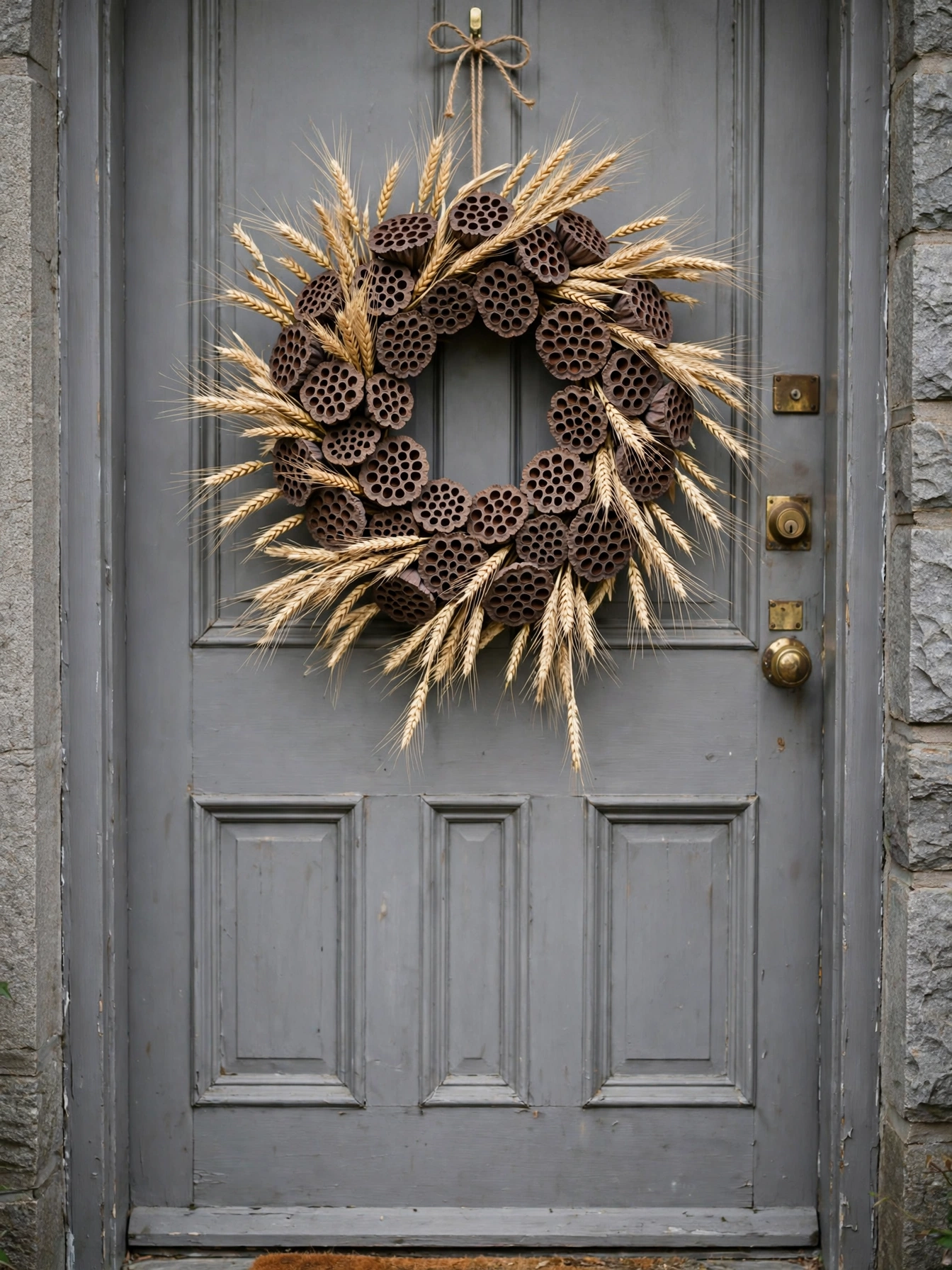 Sculptural dried lotus pod wreath with wheat stems on a gray front door.