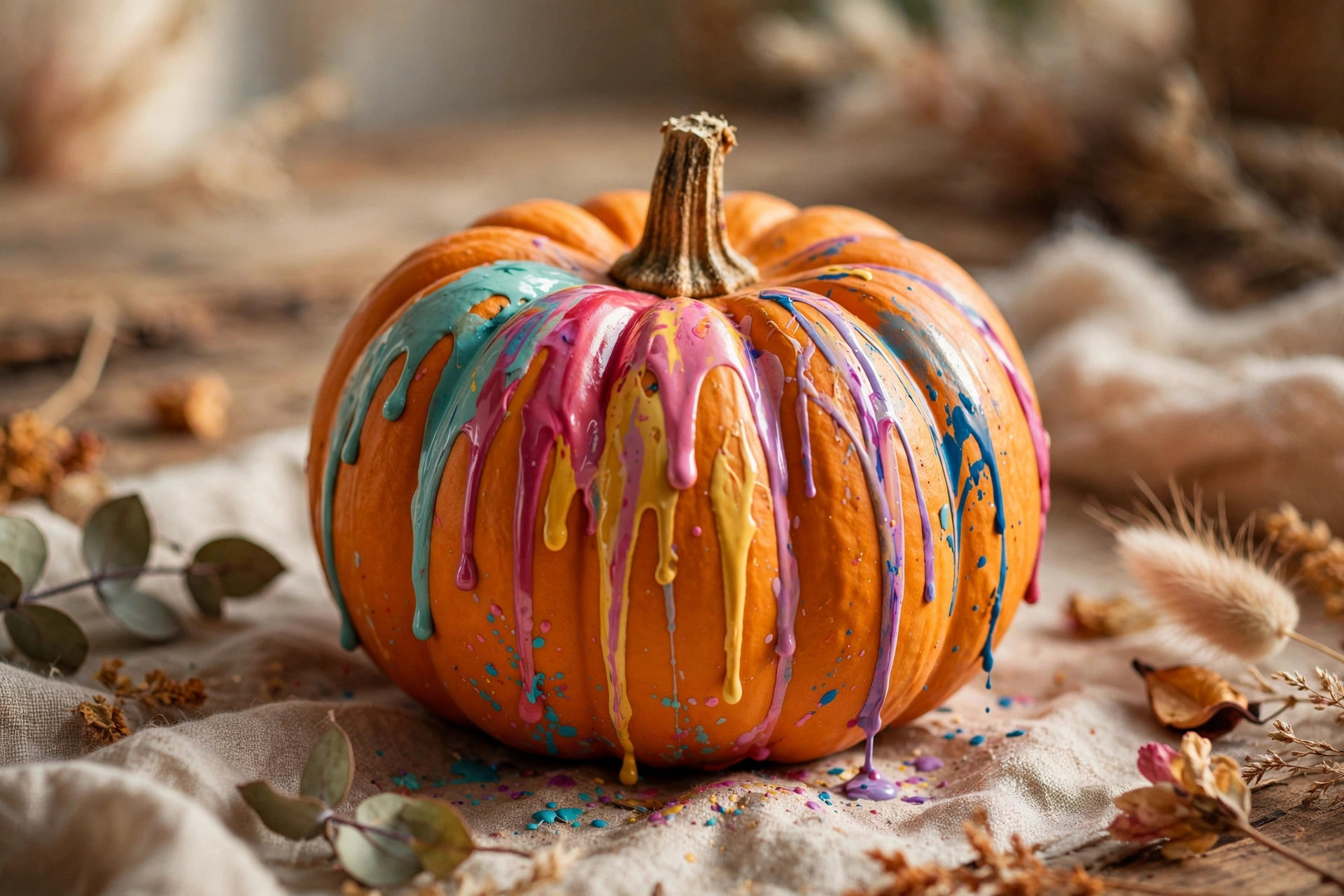 Dripped paint mini pumpkins — mini pumpkin painting idea