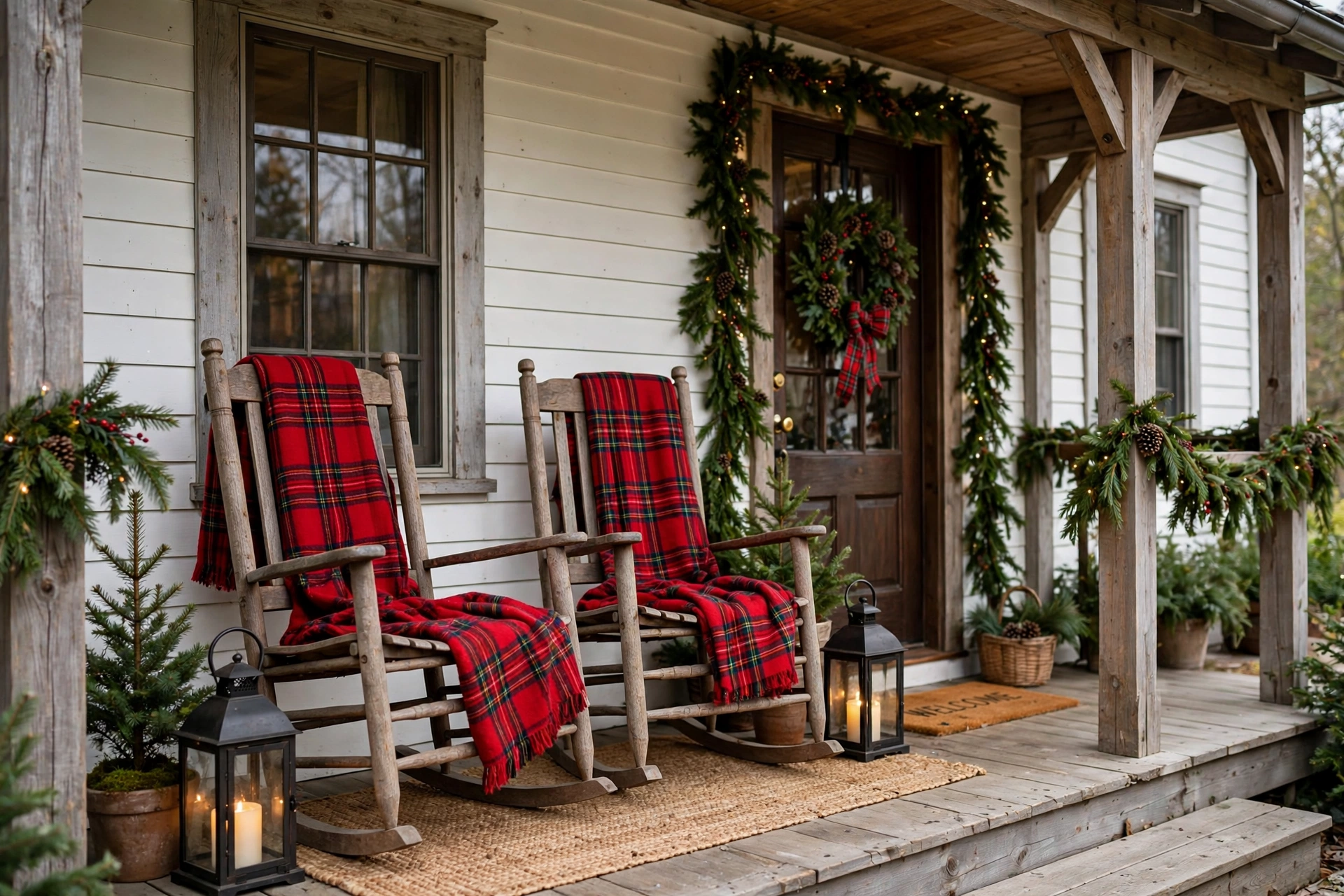 Farmhouse porch with wooden rocking chairs dressed in plaid blankets and lanterns.