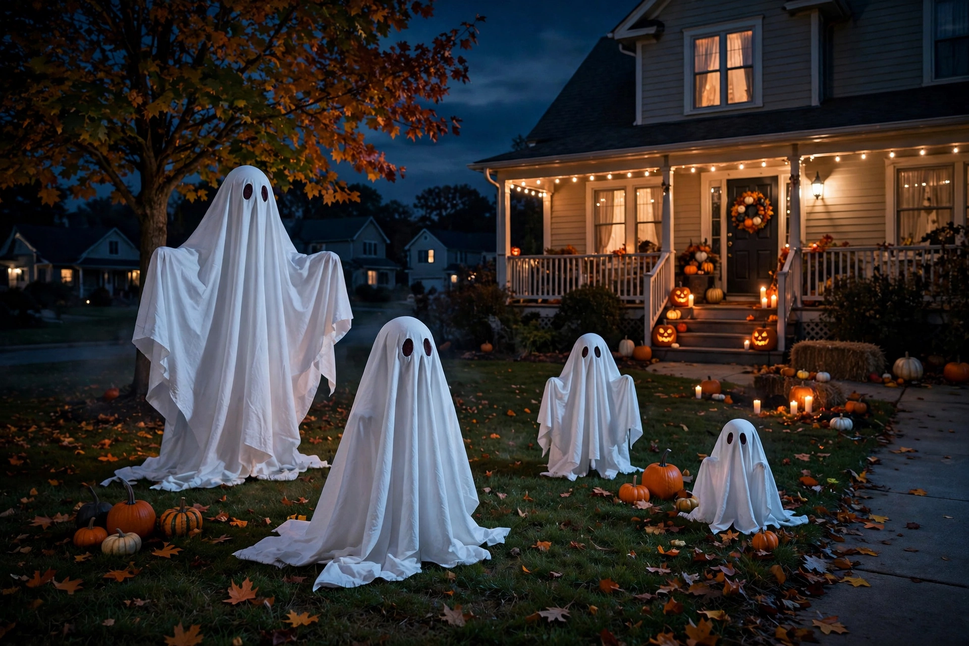 Family of white sheet ghosts in different heights scattered across a front lawn at night.