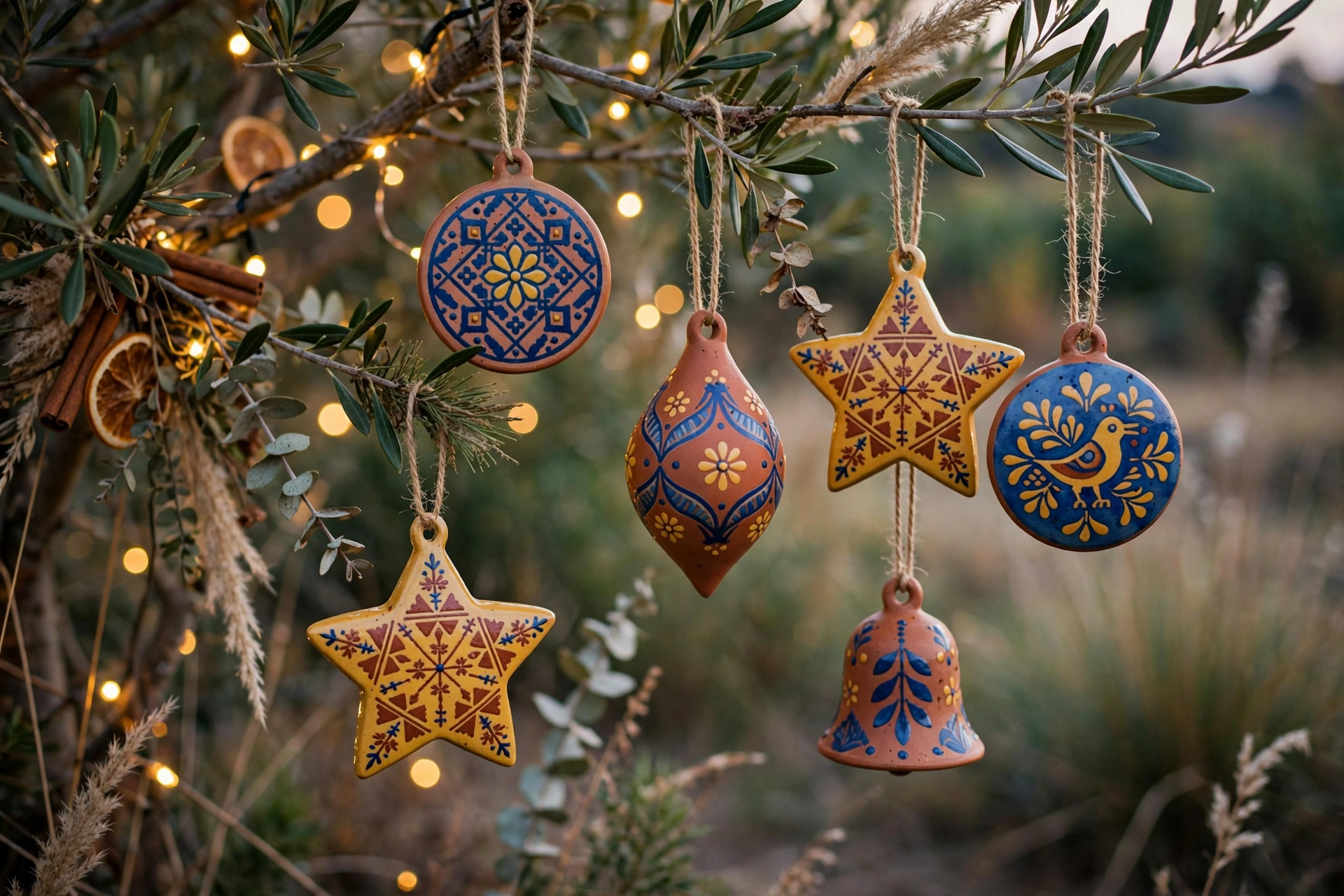 Hand-painted ceramic Christmas ornaments with folk patterns hanging on a tree