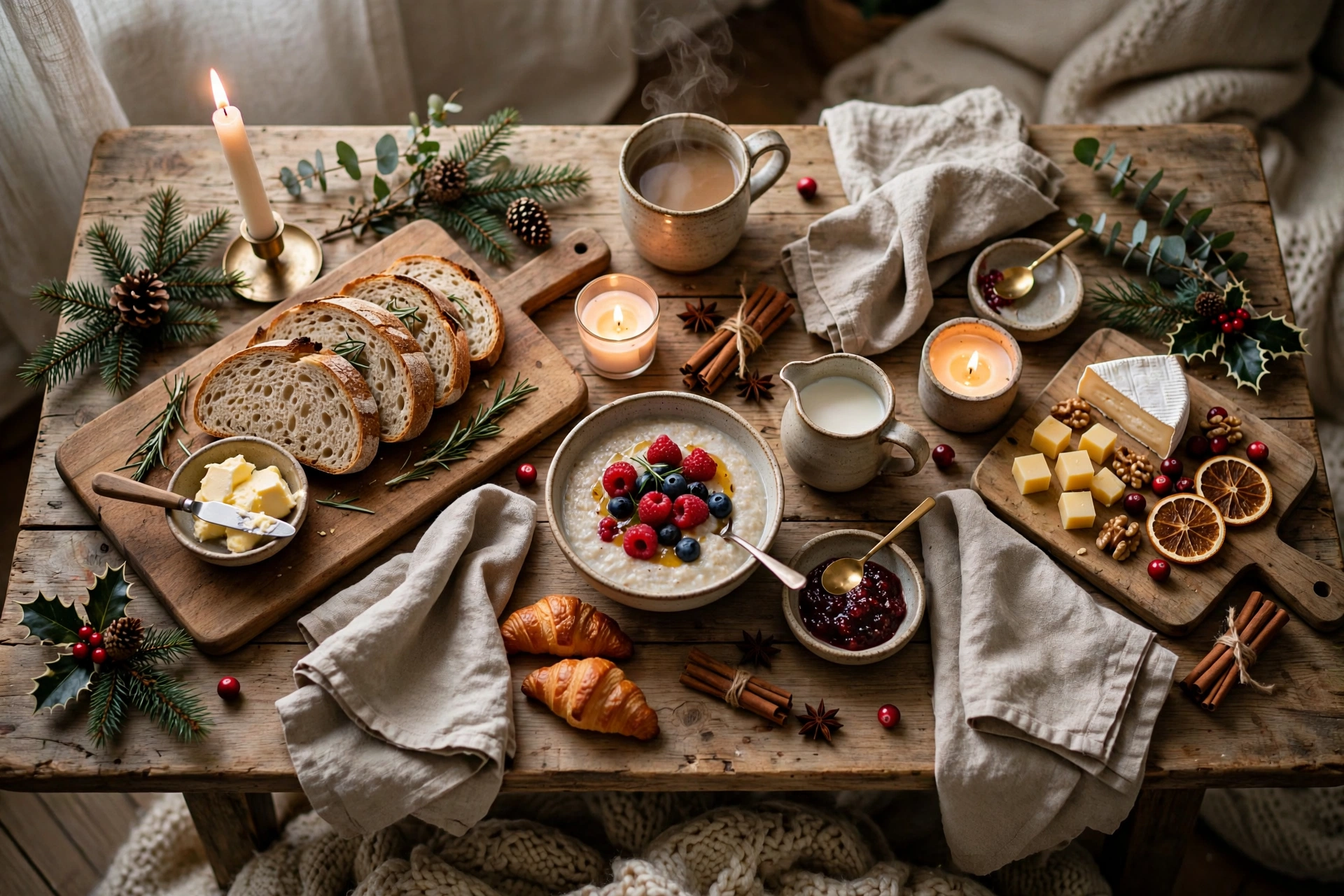 Hygge Christmas breakfast table with linen napkins, candles and wooden boards.