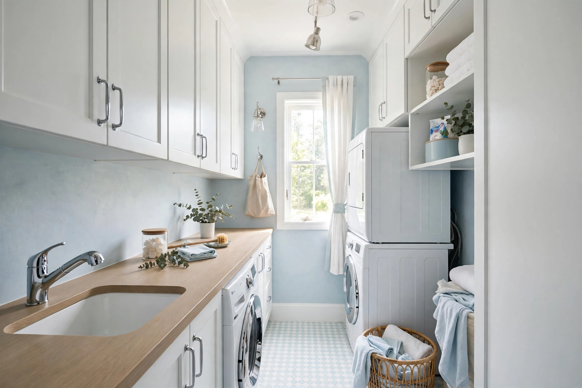 Light, bright color palette — small narrow laundry room idea