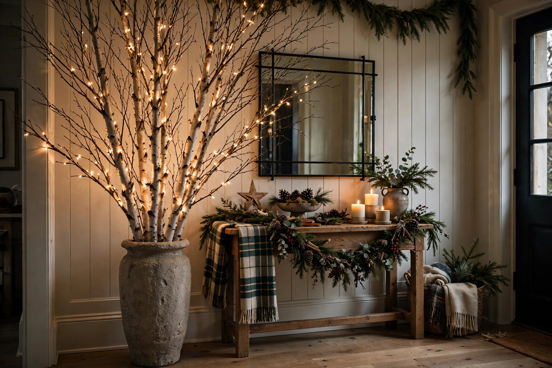 Lighted birch branches in a tall urn in a Christmas entryway
