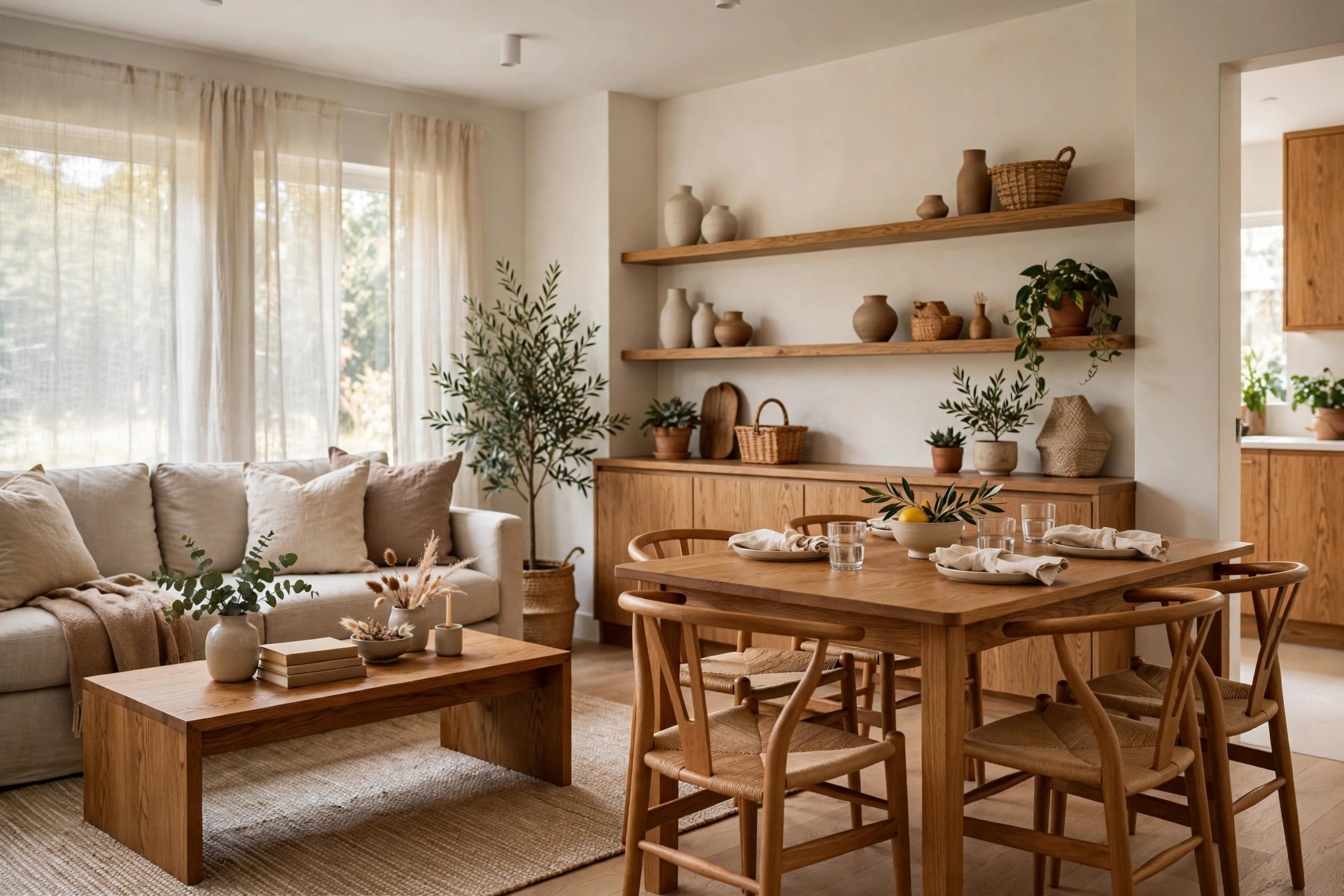 Dining table, coffee table and shelves in matching warm wood tones in a combo room.